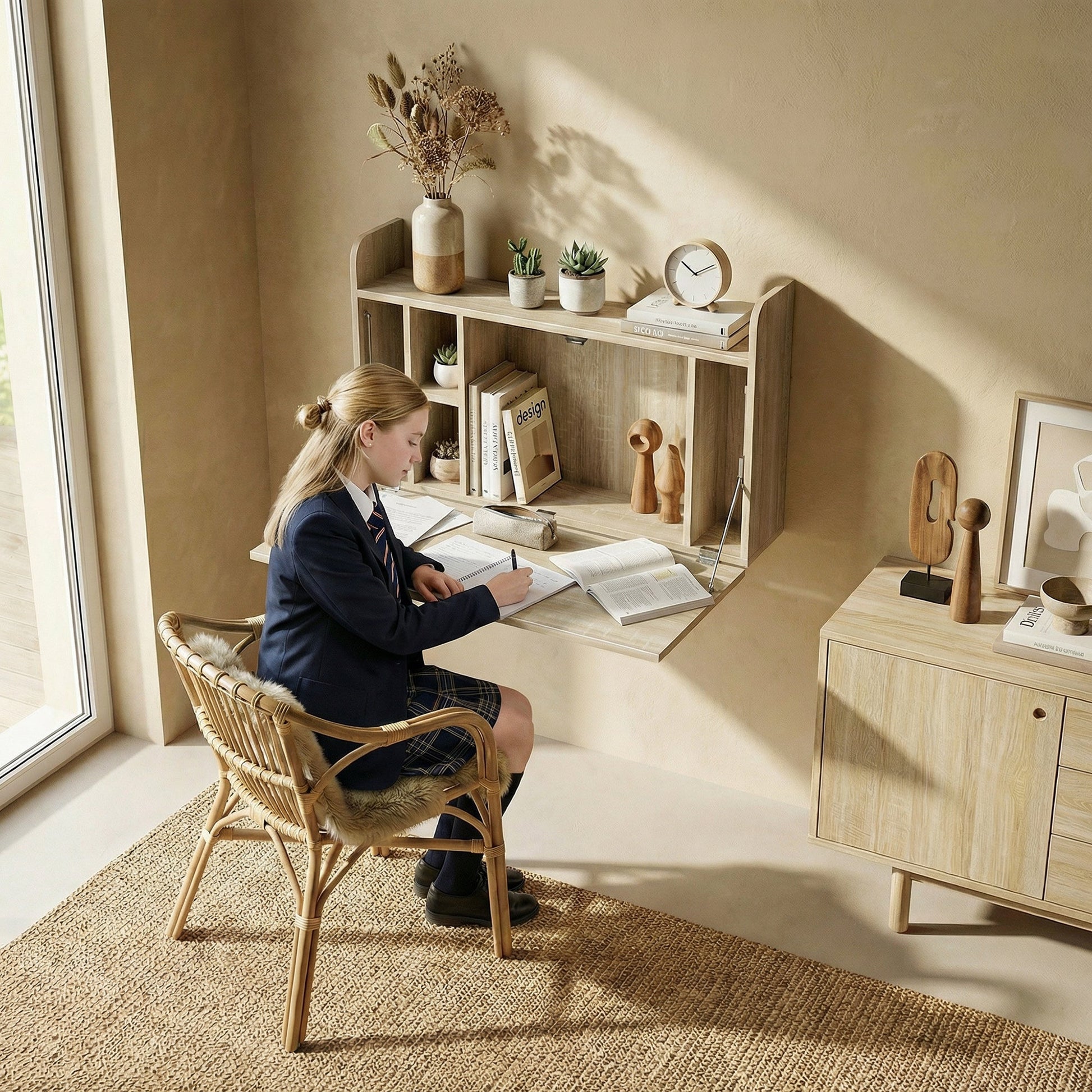Wall Mounted Desk, Drop Leaf Floating Laptop Desk with Space Saving Storage Compartments for Home Office and Study, 77cm x 20cm x 51cm, Oak