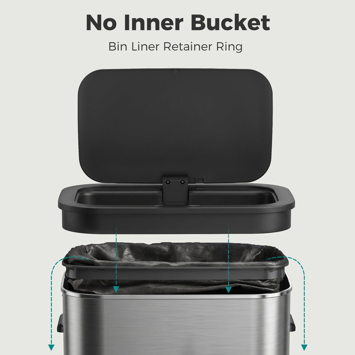 55L Sensor Bin for Kitchen, Touchless Automatic Waste Rubbish Bin with Soft-Close Lid, Fingerprint-Resistant Stainless Steel, Retainer Ring, Battery Operated for Home Office, Study, Silver Tone