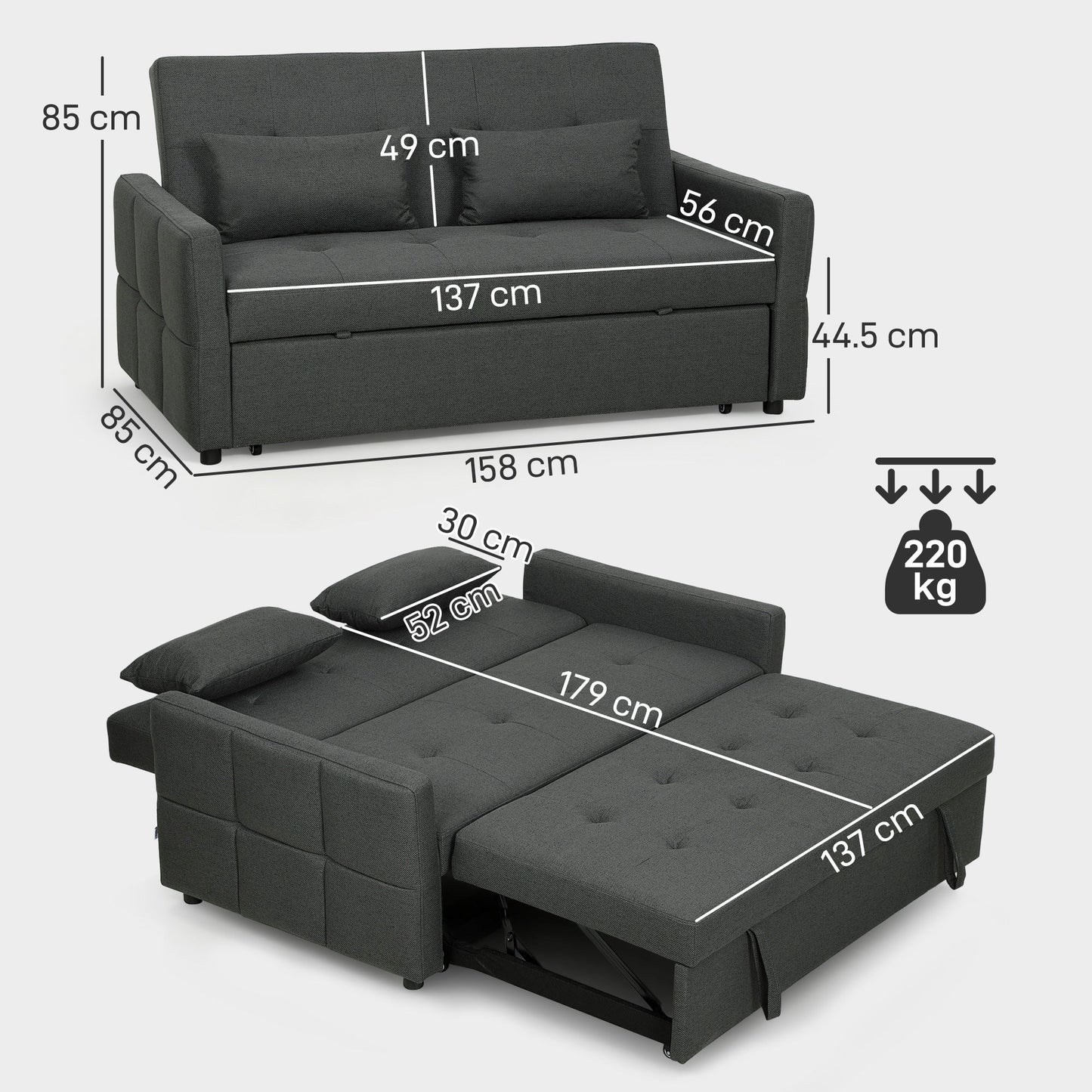 2 Seater Sofa Bed, Click Clack Sleeper Sofa with Pull Out Design, 2 Pillows, High Density Foam, Wide Seat, Linen Convertible Loveseat Bed Settee for Living Room, 137x179cm, Charcoal Grey