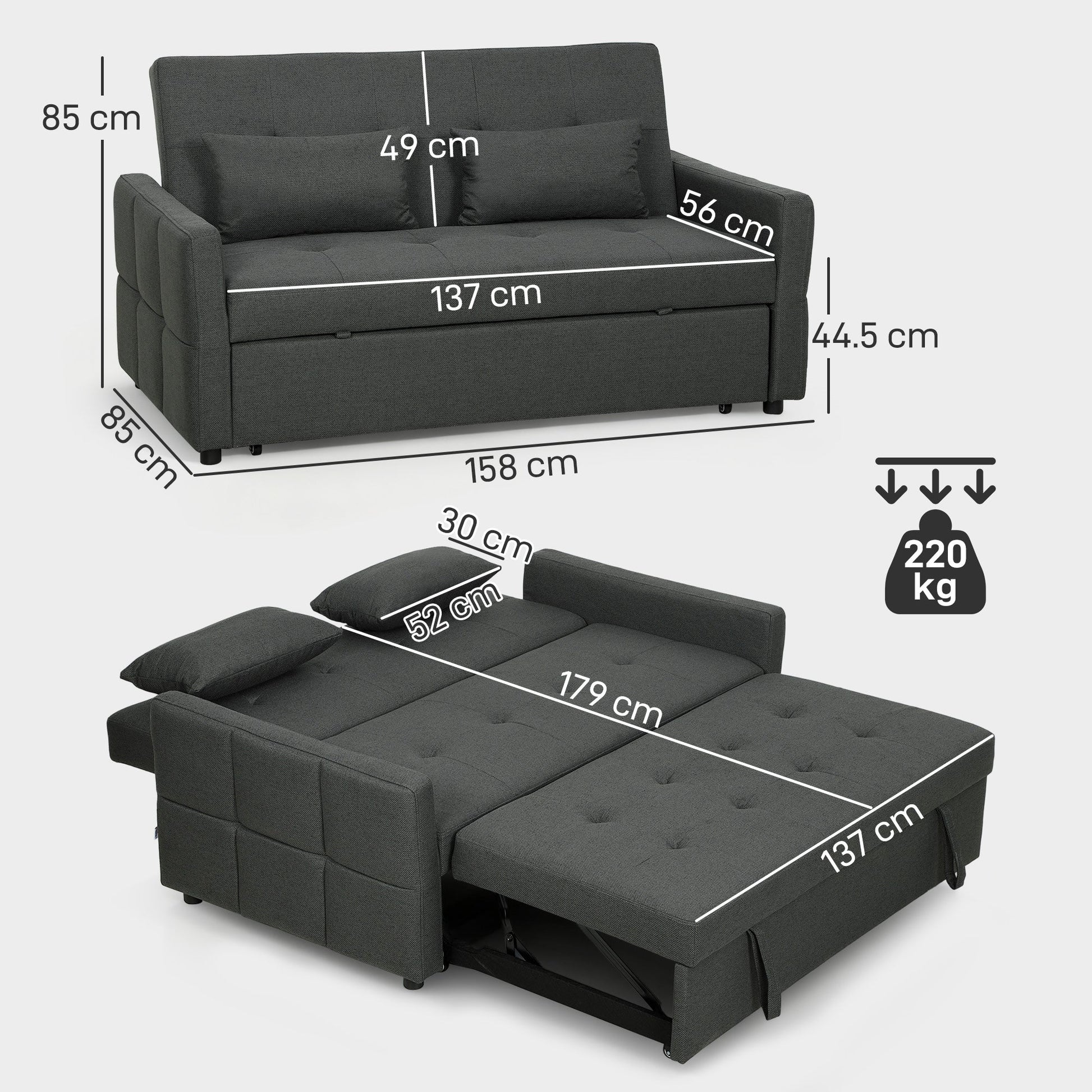 2 Seater Sofa Bed, Click Clack Sleeper Sofa with Pull Out Design, 2 Pillows, High Density Foam, Wide Seat, Linen Convertible Loveseat Bed Settee for Living Room, 137x179cm, Charcoal Grey