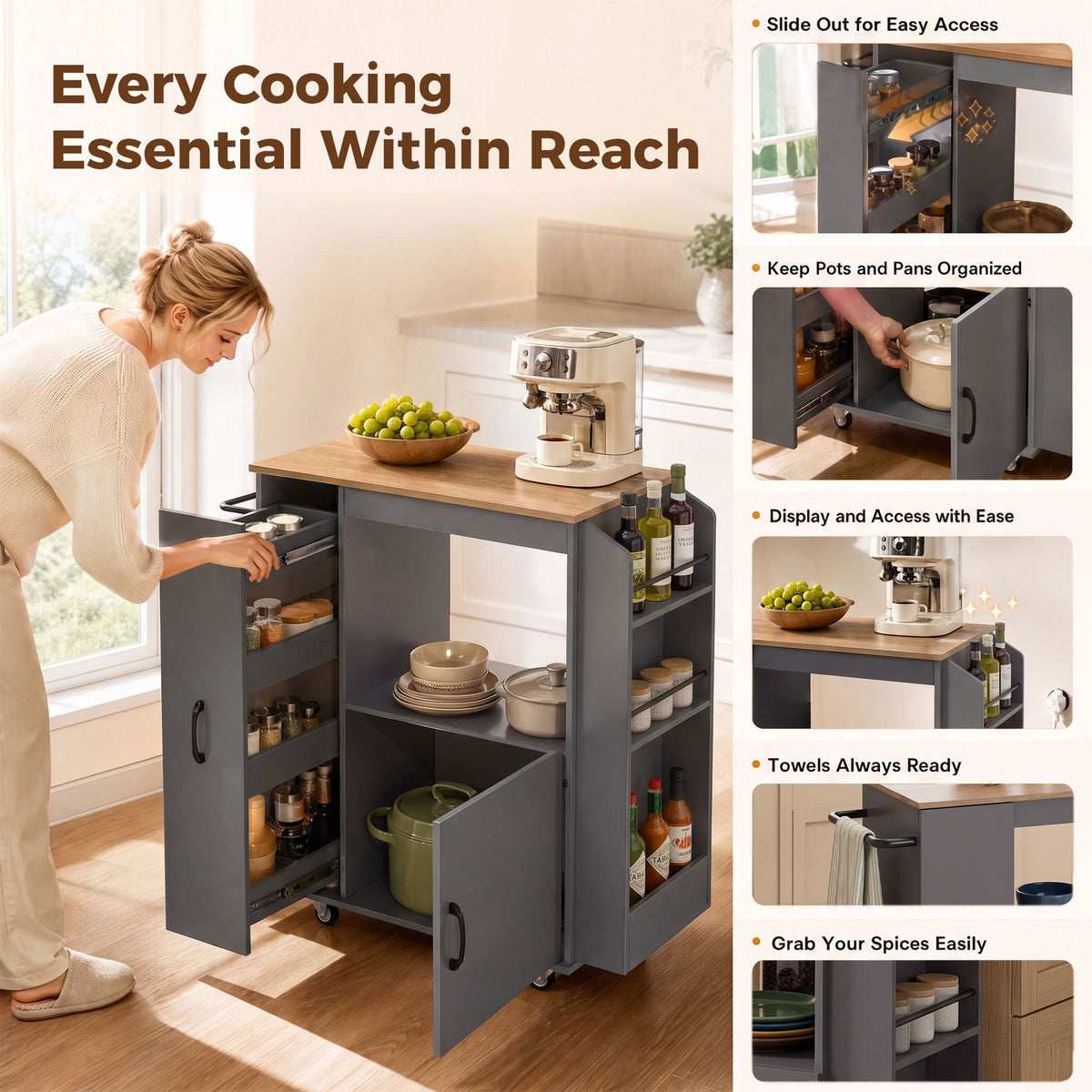Kitchen Trolley on Wheels, Rolling Kitchen Island Cart with Power Outlet, Cabinet, Pull-Out Drawer and Towel & Spice Rack, Mobile Serving Trolley Cart for Dining Room, Bathroom, Grey