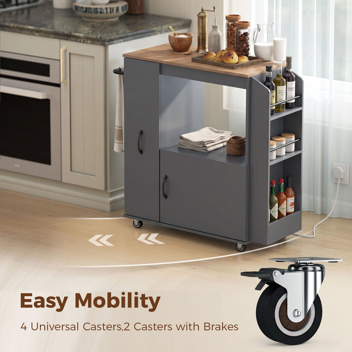 Kitchen Trolley on Wheels, Rolling Kitchen Island Cart with Power Outlet, Cabinet, Pull-Out Drawer and Towel & Spice Rack, Mobile Serving Trolley Cart for Dining Room, Bathroom, Grey
