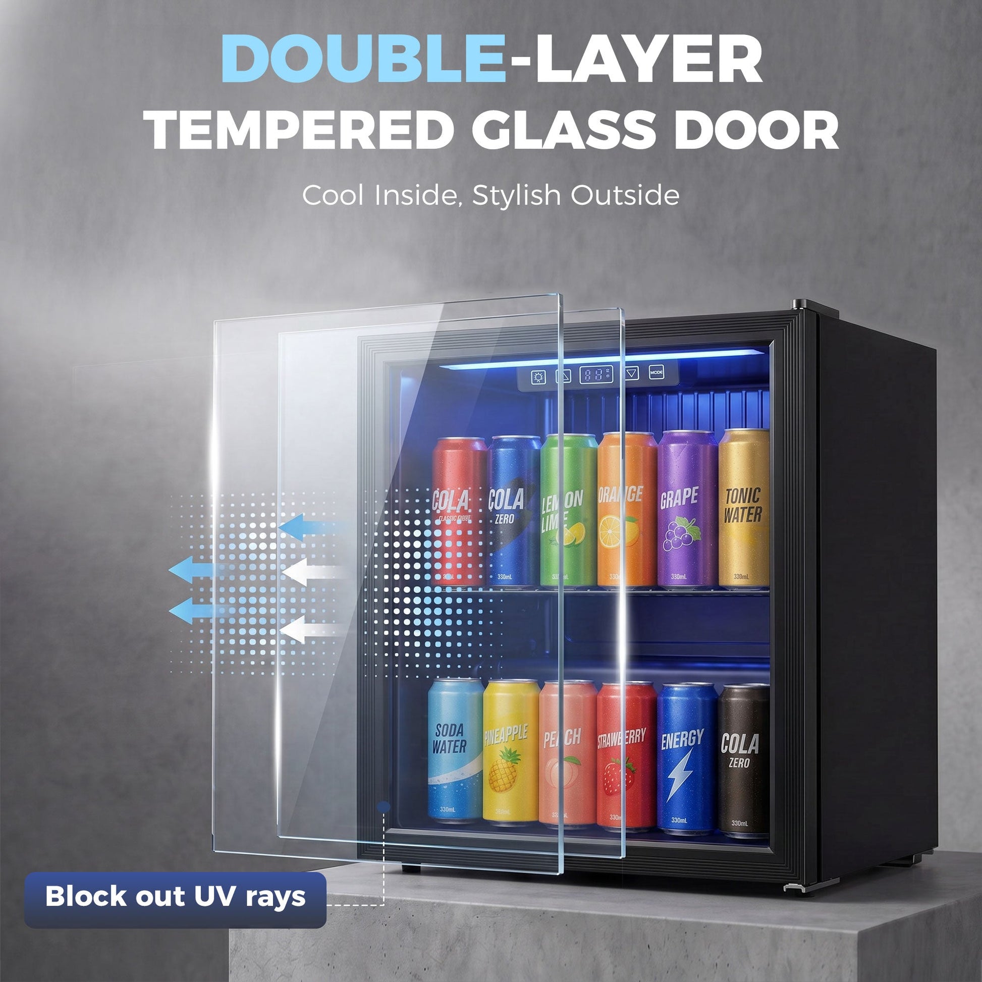 50L Drinks Fridge, 48 Can Under Counter Freestanding Beer Fridge with Double-Layer Glass Door, Wine Cooler with LED Light, Adjustable Shelf, Beverage Cooler for Soda Beer, Home Office