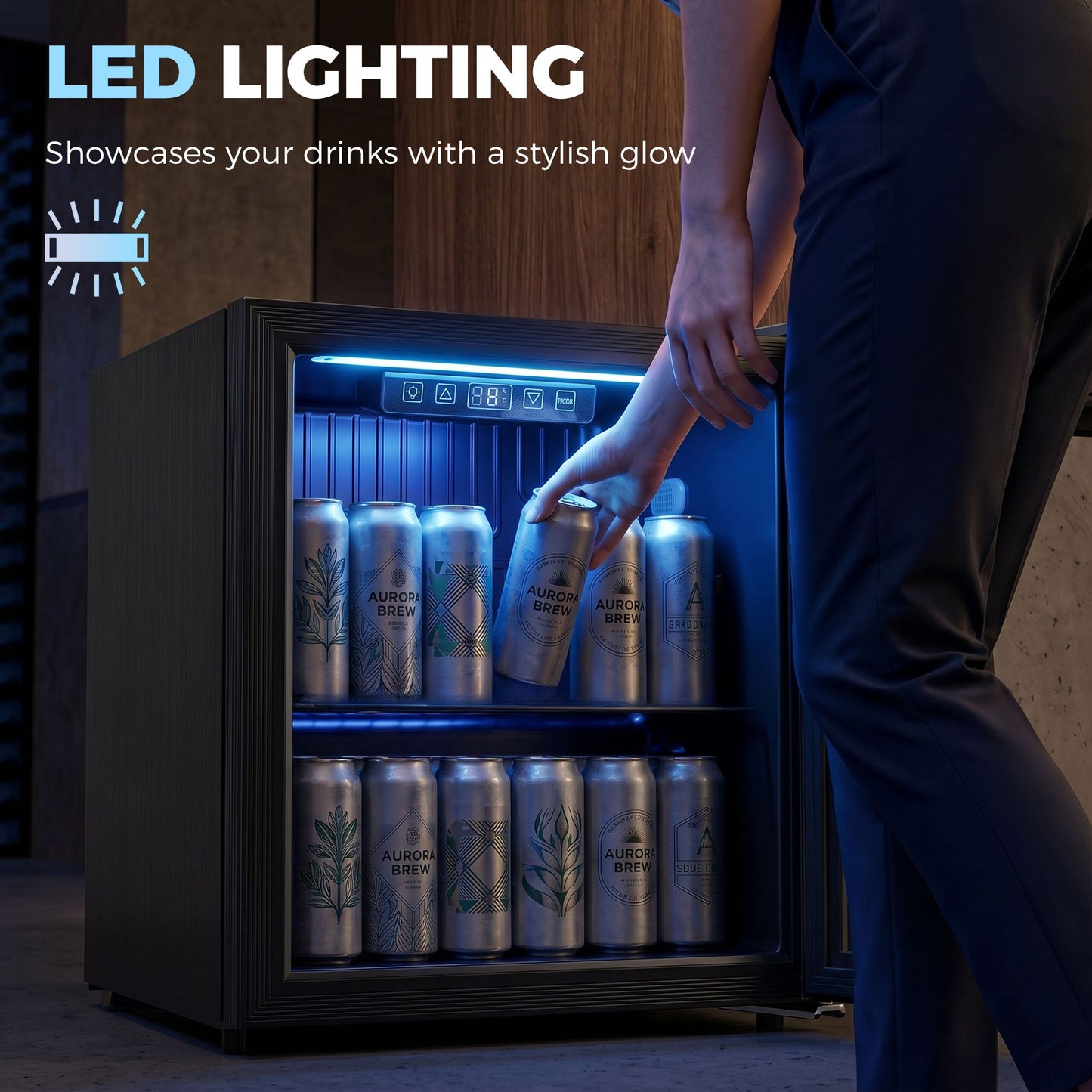 50L Drinks Fridge, 48 Can Under Counter Freestanding Beer Fridge with Double-Layer Glass Door, Wine Cooler with LED Light, Adjustable Shelf, Beverage Cooler for Soda Beer, Home Office