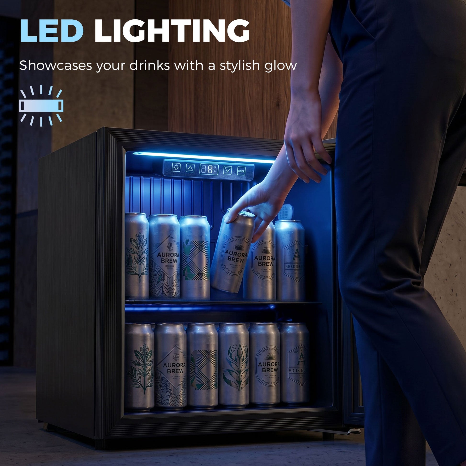 50L Drinks Fridge, 48 Can Under Counter Freestanding Beer Fridge with Double-Layer Glass Door, Wine Cooler with LED Light, Adjustable Shelf, Beverage Cooler for Soda Beer, Home Office