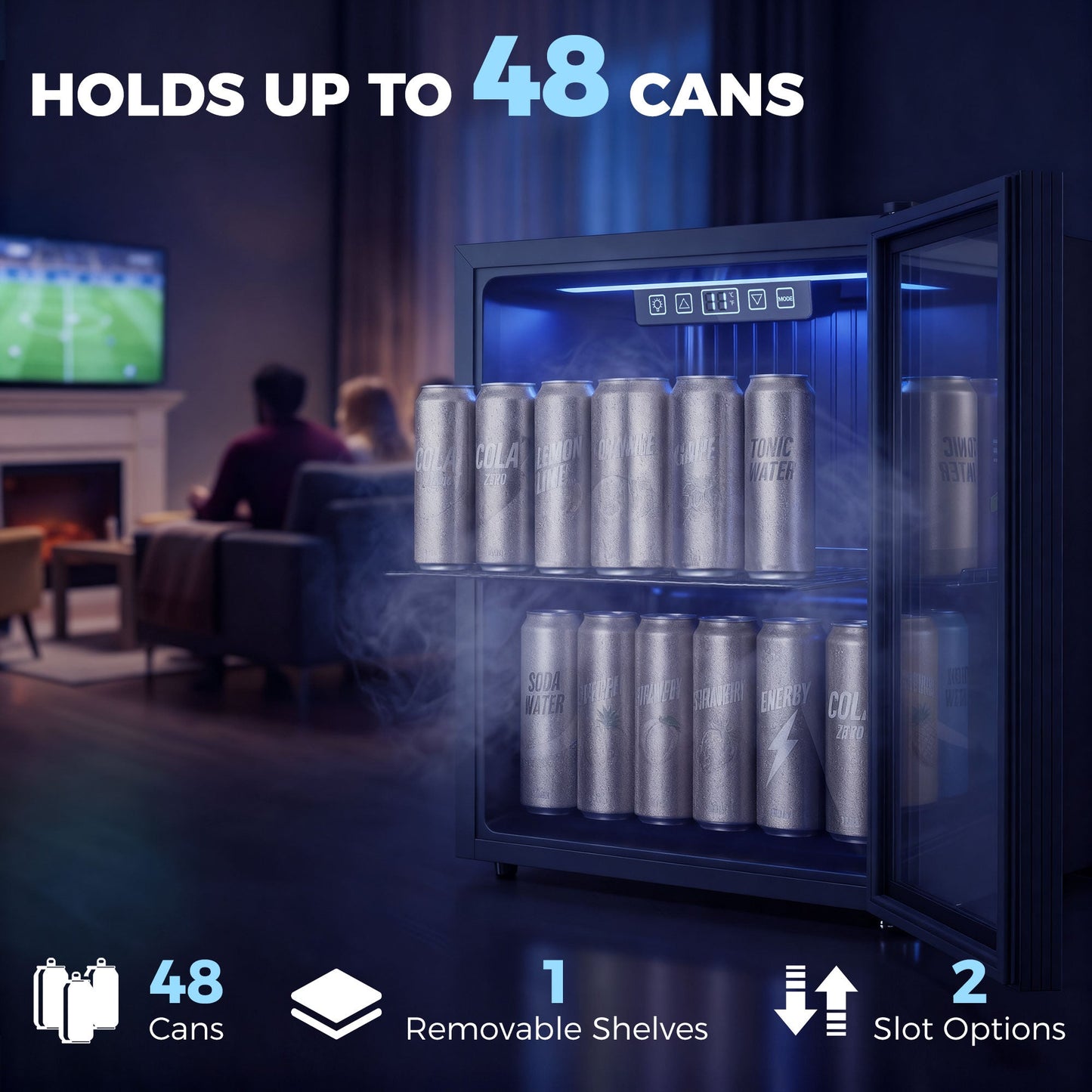 50L Drinks Fridge, 48 Can Under Counter Freestanding Beer Fridge with Double-Layer Glass Door, Wine Cooler with LED Light, Adjustable Shelf, Beverage Cooler for Soda Beer, Home Office