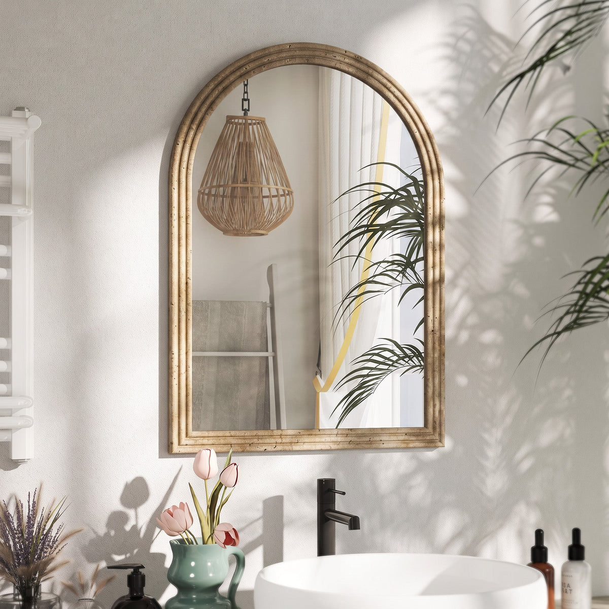 Arched Wall Mirror with Grooved Edge, Modern Wall-Mounted Mirror for Living Room, Entryway, Bedroom, Hallway, 50 x 2 x 70 cm, Brown