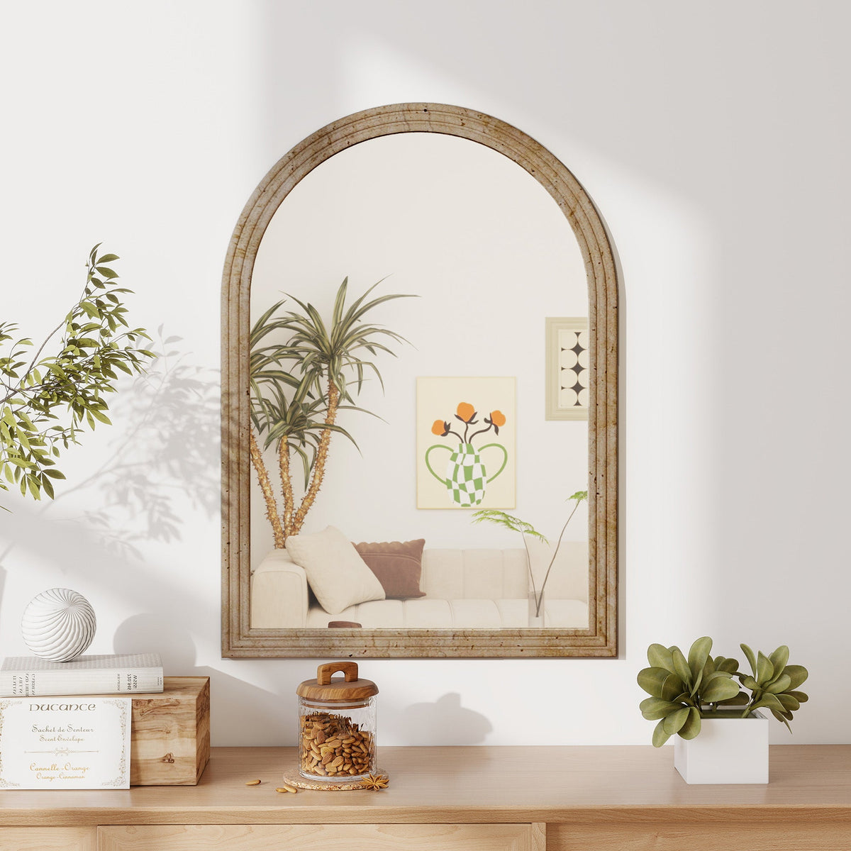 Arched Wall Mirror with Grooved Edge, Modern Wall-Mounted Mirror for Living Room, Entryway, Bedroom, Hallway, 50 x 2 x 70 cm, Brown