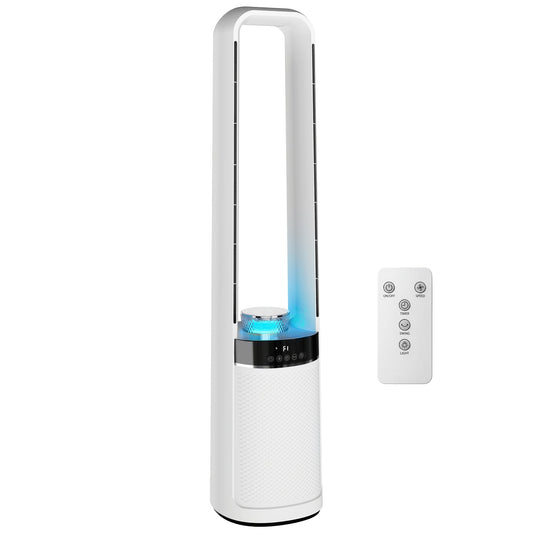Bladeless Tower Fan for Bedroom, 36dB Standing Cooling Fan with 45° Oscillating, LED Lights, 3 Speeds, 12H Timer, Remote Control, 37 inch, White