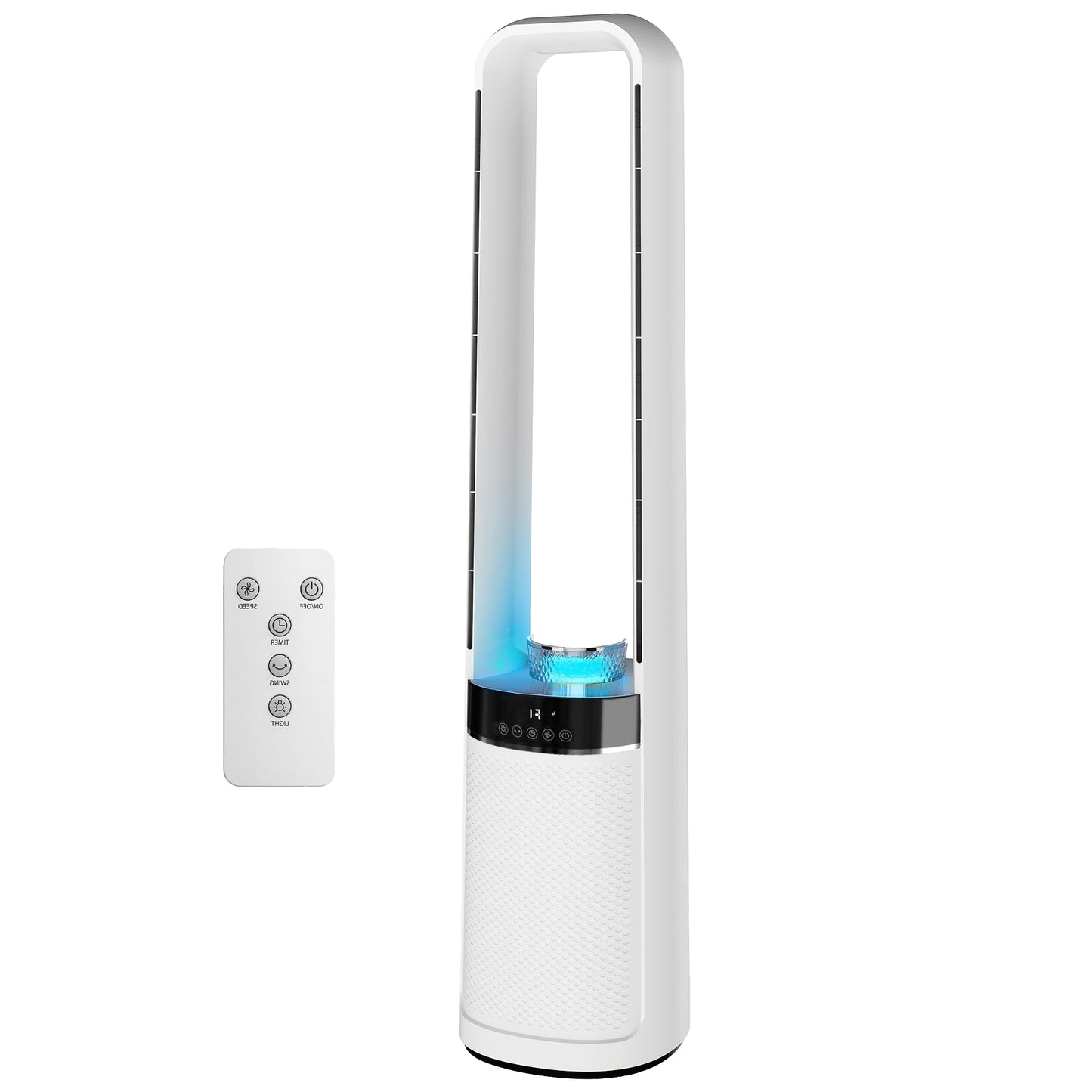 Bladeless Tower Fan for Bedroom, 36dB Standing Cooling Fan with 45° Oscillating, LED Lights, 3 Speeds, 12H Timer, Remote Control, 37 inch, White
