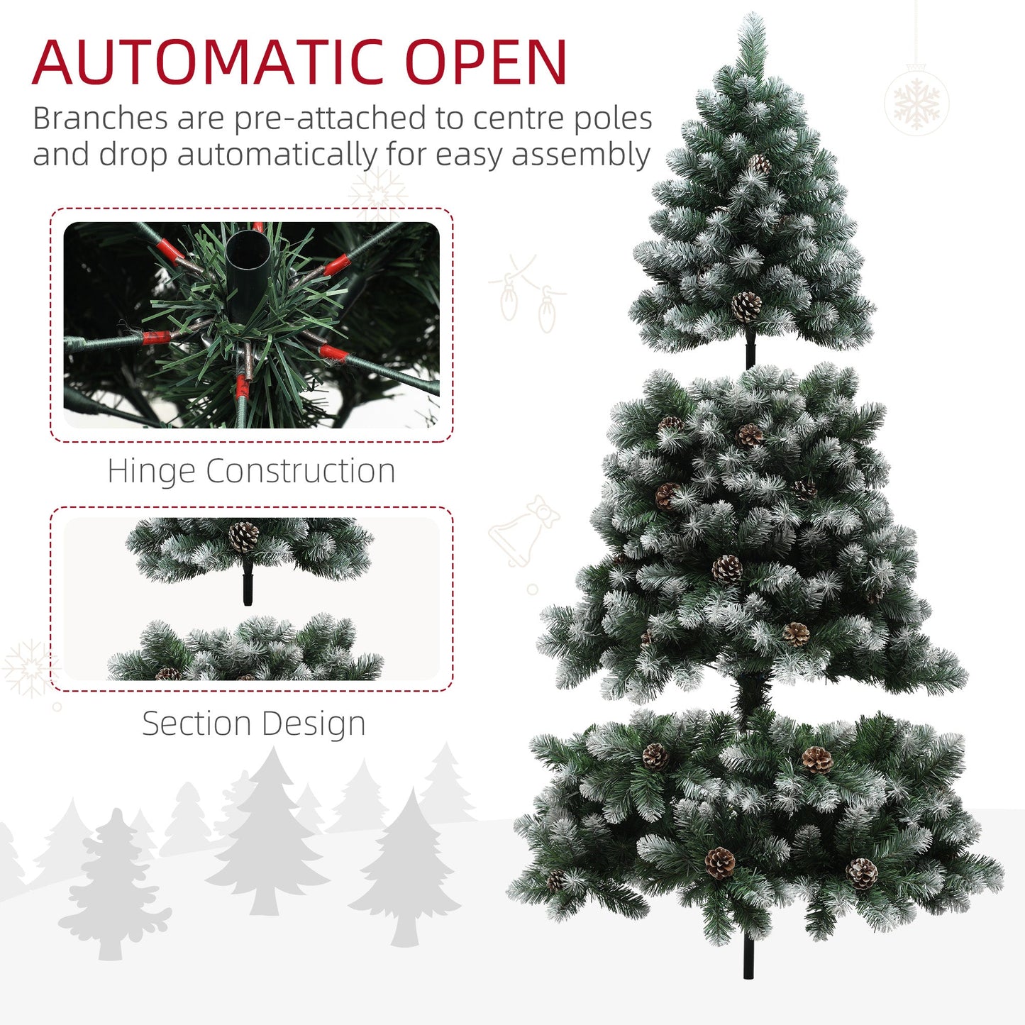 HOMCOM 6ft Artificial Pine Christmas Tree with 774 Branch Tips and Steel Base, Realistic Hinged Tree with Pinecones, Holiday Décor for Home Office, Green