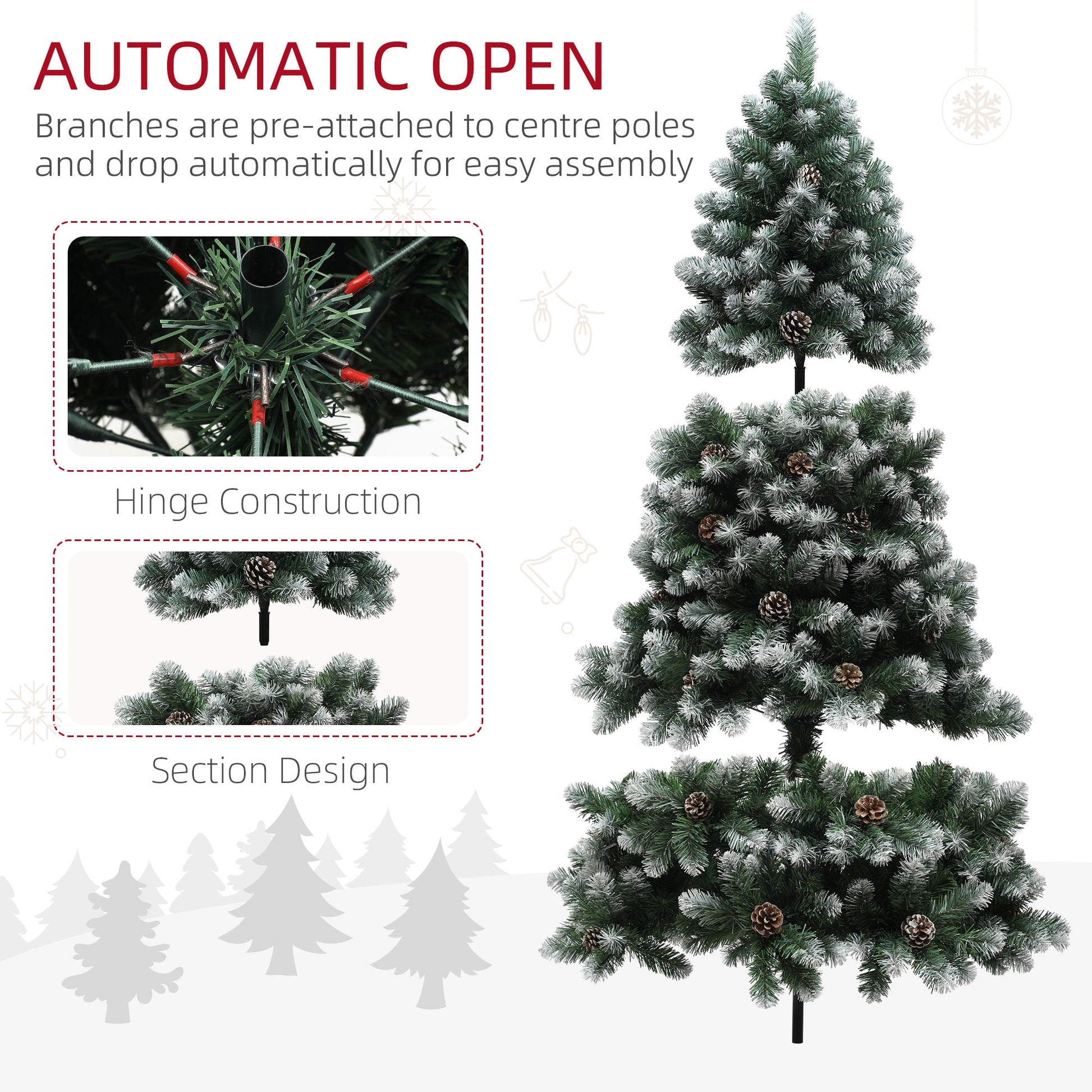 HOMCOM 6ft Artificial Pine Christmas Tree with 774 Branch Tips and Steel Base, Realistic Hinged Tree with Pinecones, Holiday Décor for Home Office, Green