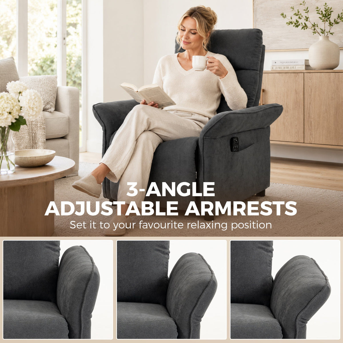 Recliner Armchair, Push Back Recliner Chair with Massage & Heat, Adjustable Armrests, Terry Cloth Manual Reclining Single Sofa with Footrest, Dual Side Pockets for Home Living Room, Dark Grey