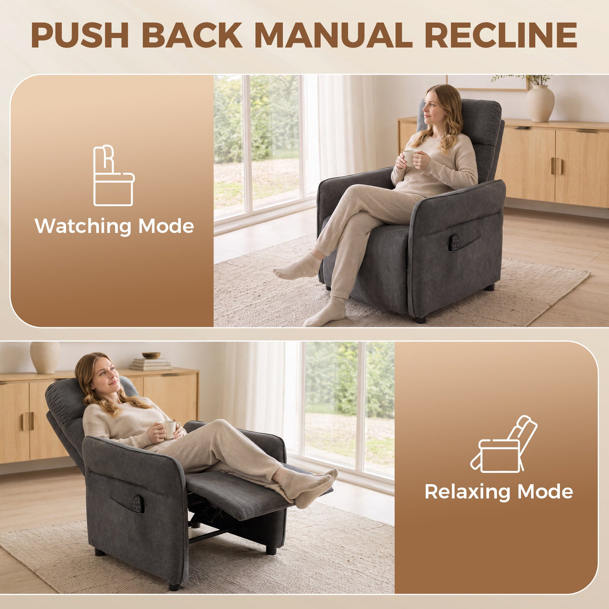 Recliner Armchair, Push Back Recliner Chair with Massage & Heat, Adjustable Armrests, Terry Cloth Manual Reclining Single Sofa with Footrest, Dual Side Pockets for Home Living Room, Dark Grey