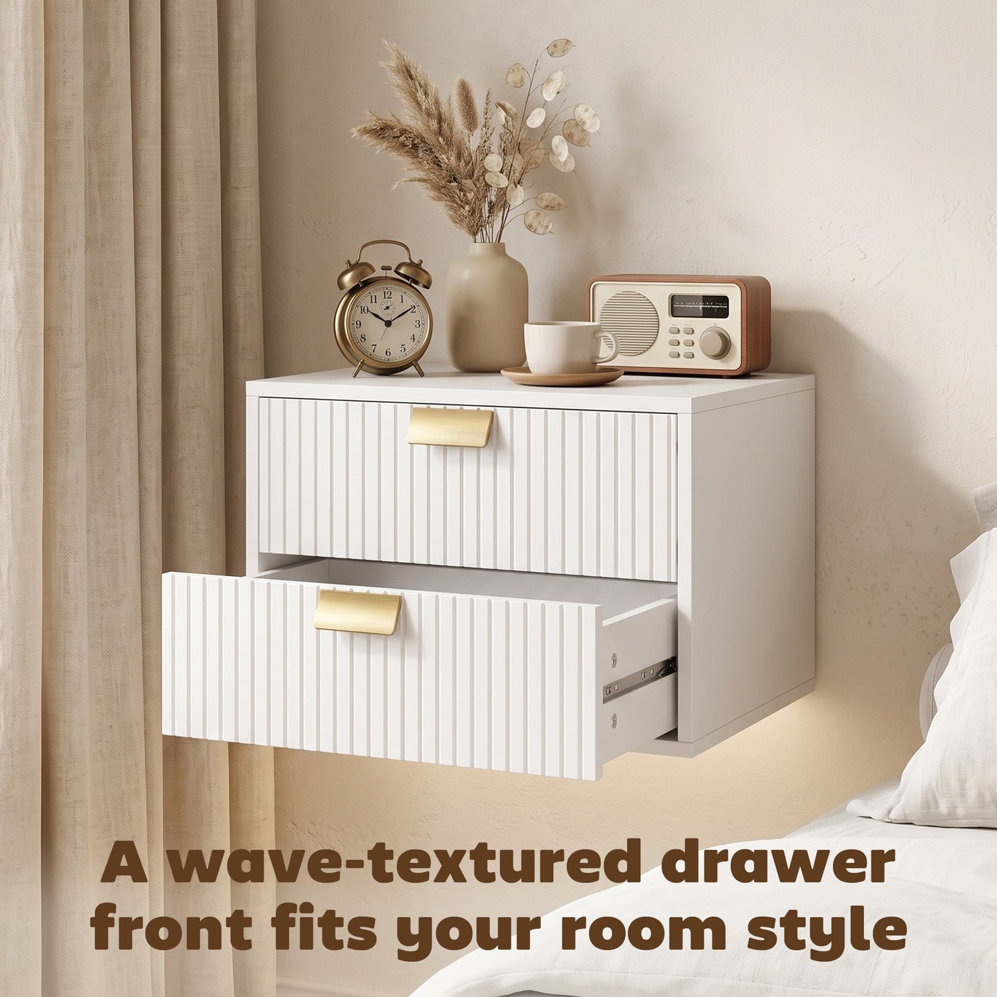Modern Floating Nightstands Set of 2, Wall Mounted Bedside Tables with 2 Wave Drawers, Bedside Cabinets for Bedroom Living Room, White