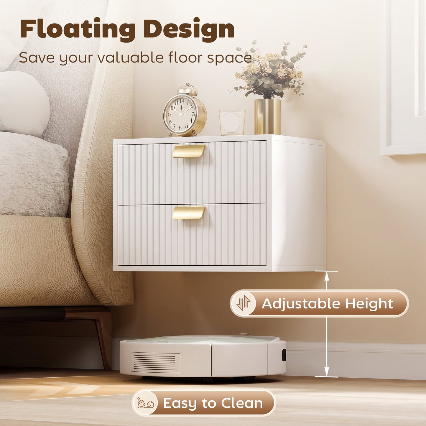 Modern Floating Nightstands Set of 2, Wall Mounted Bedside Tables with 2 Wave Drawers, Bedside Cabinets for Bedroom Living Room, White