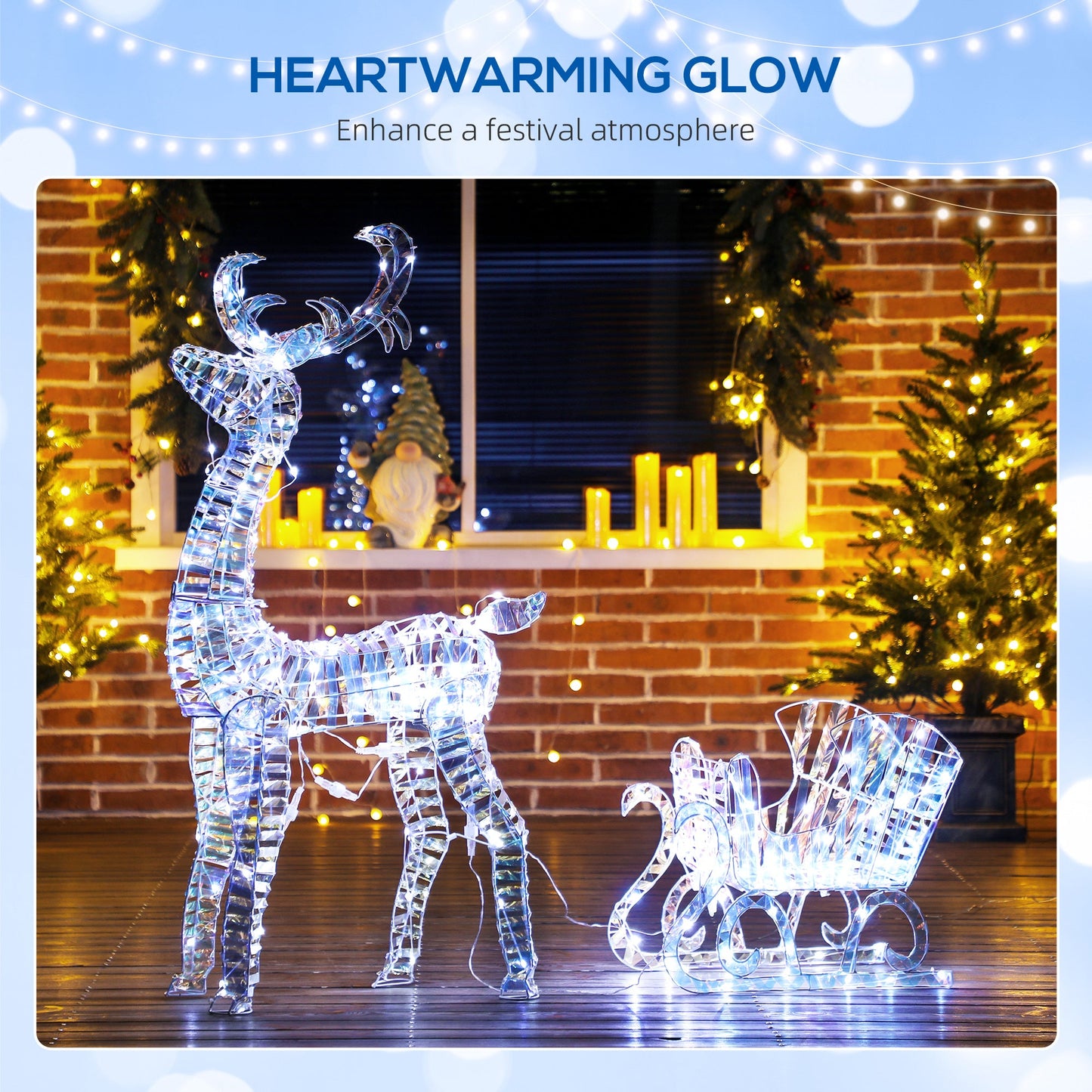 Lighted Christmas Reindeer with Sleigh, Outdoor Yard Reindeer with 170 Warm White LED Lights, Holiday Decor with Stakes, IP44 Waterproof, Silver