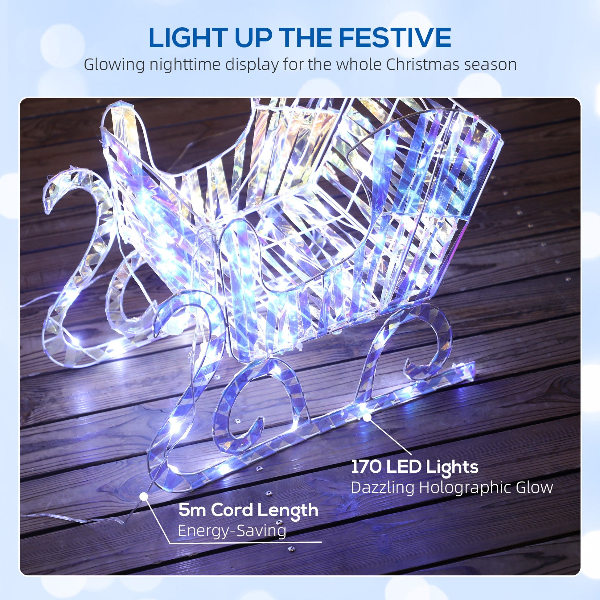 Lighted Christmas Reindeer with Sleigh, Outdoor Yard Reindeer with 170 Warm White LED Lights, Holiday Decor with Stakes, IP44 Waterproof, Silver