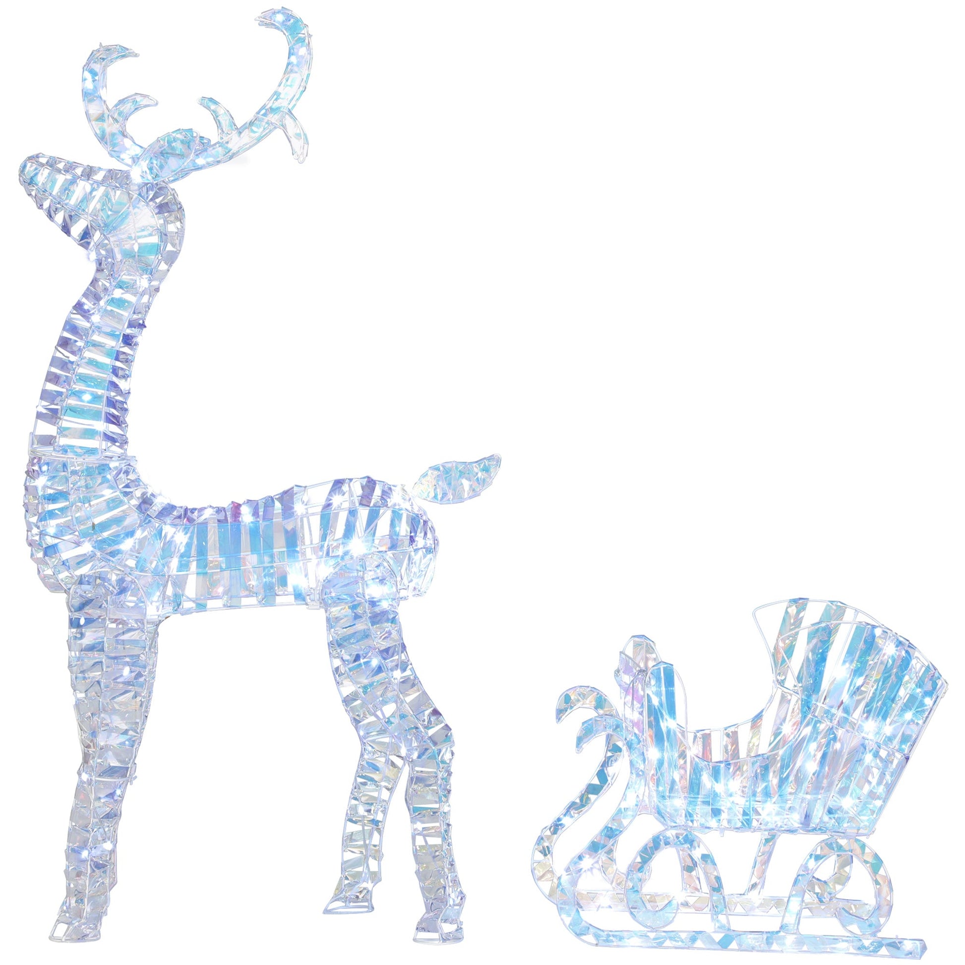 Lighted Christmas Reindeer with Sleigh, Outdoor Yard Reindeer with 170 Warm White LED Lights, Holiday Decor with Stakes, IP44 Waterproof, Silver