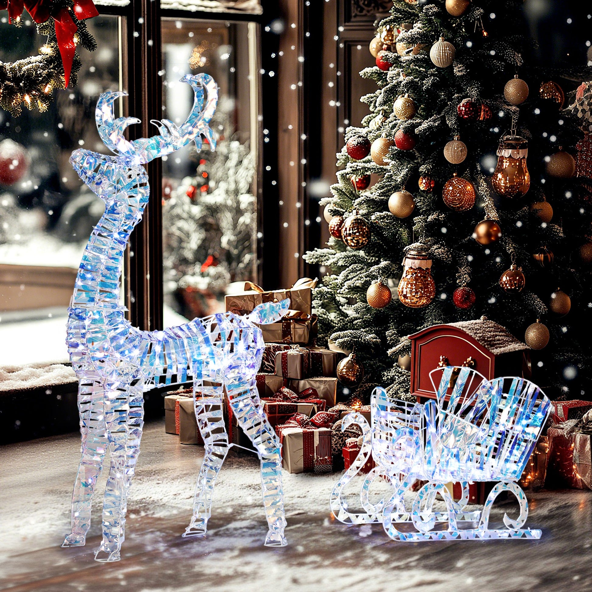 Lighted Christmas Reindeer with Sleigh, Outdoor Yard Reindeer with 170 Warm White LED Lights, Holiday Decor with Stakes, IP44 Waterproof, Silver