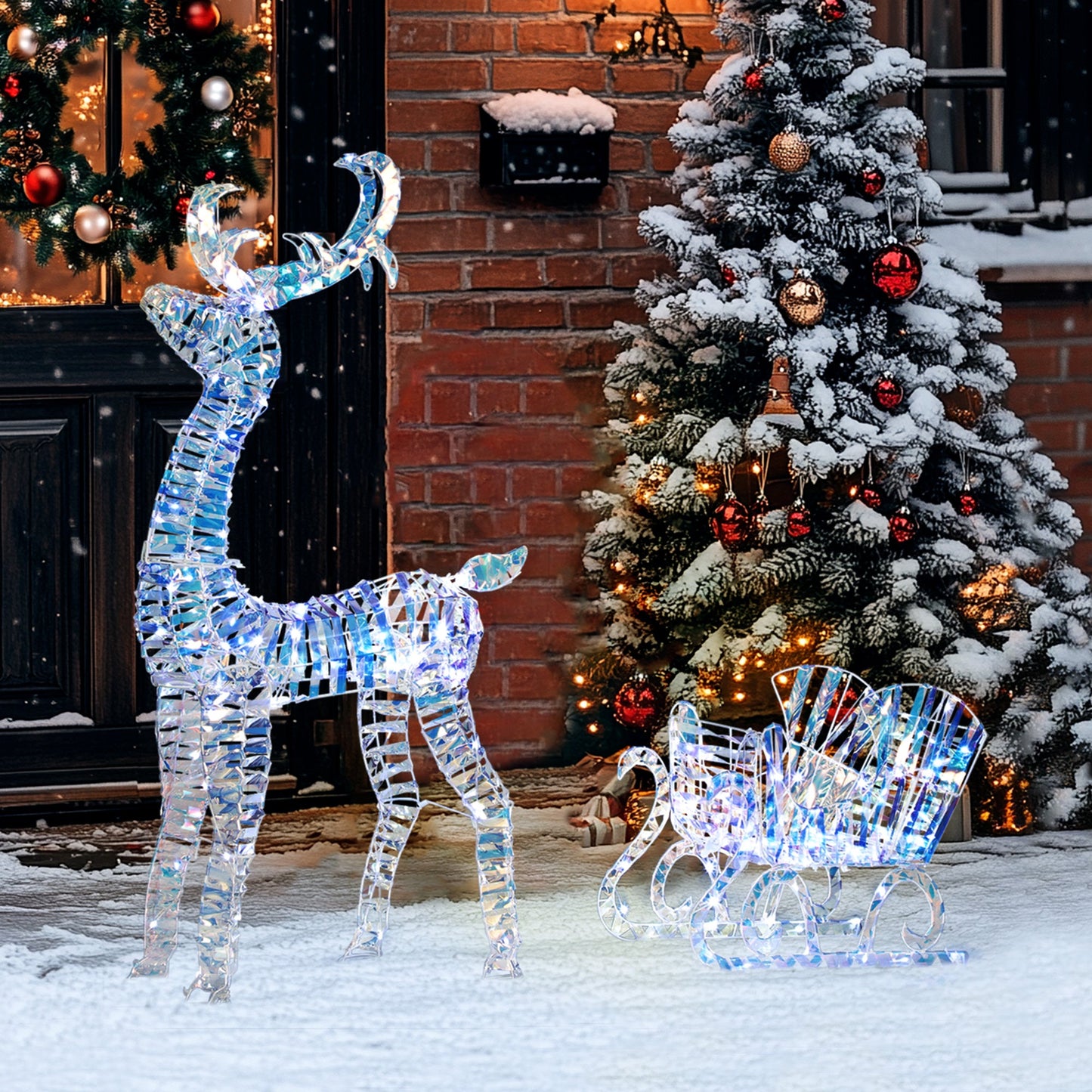 Lighted Christmas Reindeer with Sleigh, Outdoor Yard Reindeer with 170 Warm White LED Lights, Holiday Decor with Stakes, IP44 Waterproof, Silver