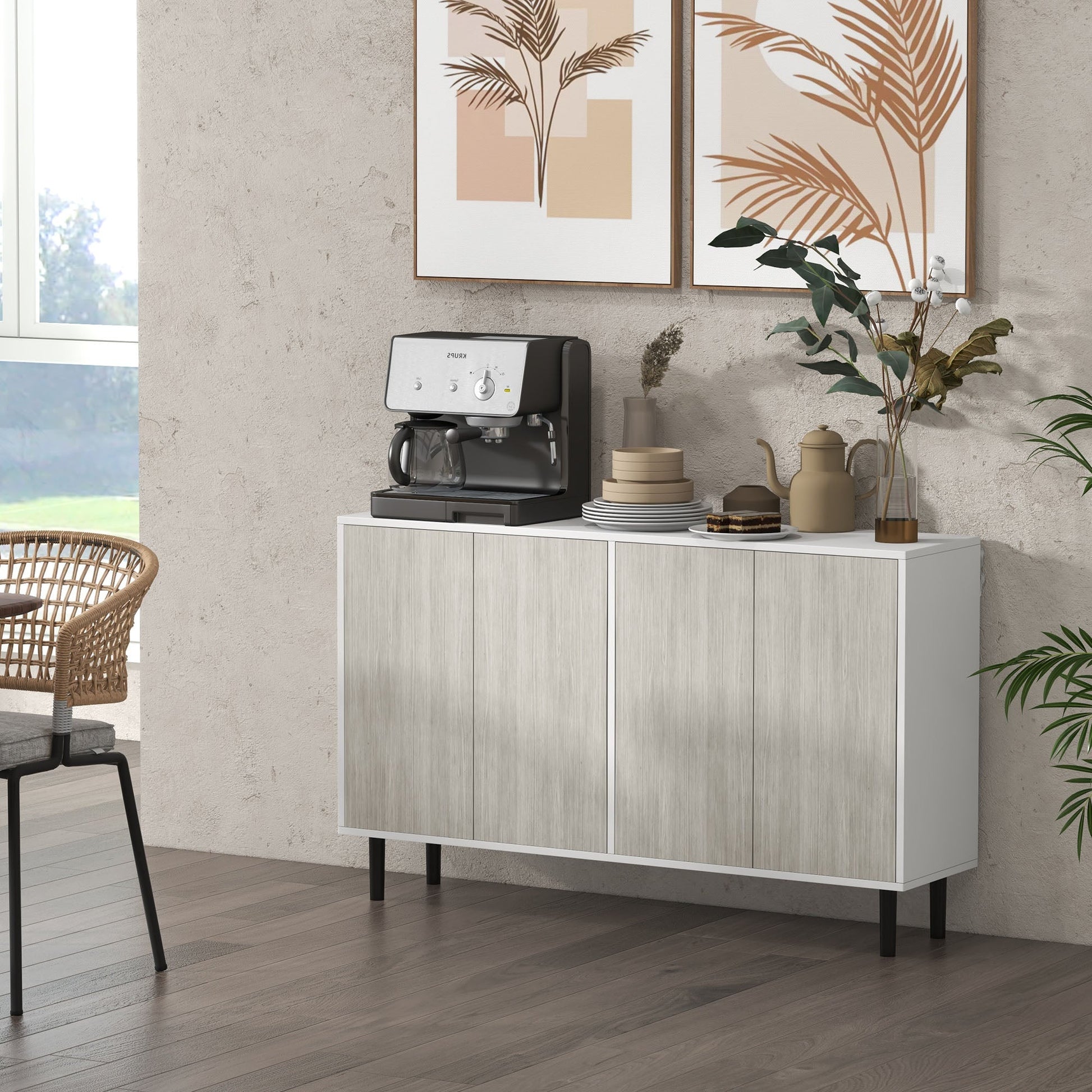 HOMCOM Modern Sideboard with 2 Cupboards, Kitchen Storage Cabinet for Living Room with Adjustable Shelves, 4 Doors and Solid Wood Legs, White