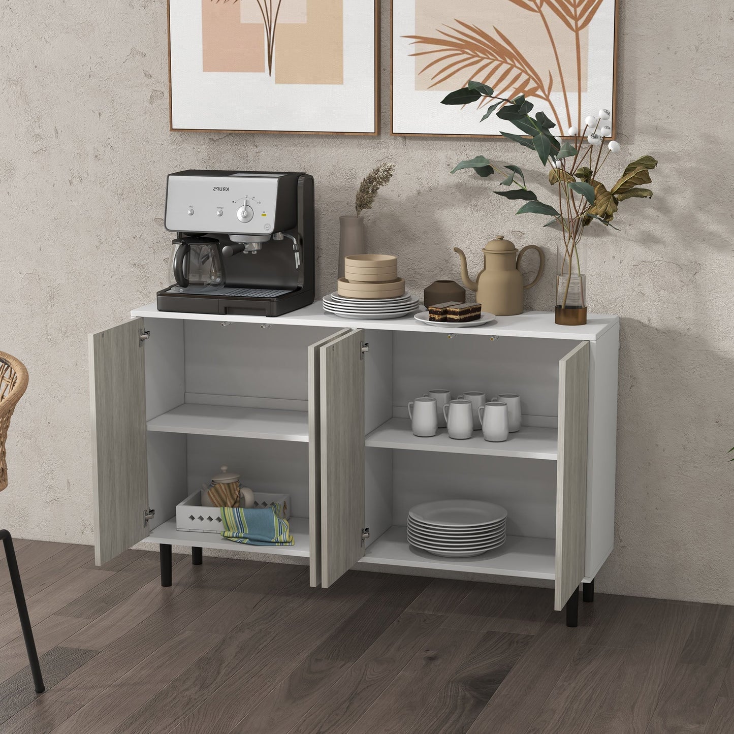 HOMCOM Modern Sideboard with 2 Cupboards, Kitchen Storage Cabinet for Living Room with Adjustable Shelves, 4 Doors and Solid Wood Legs, White