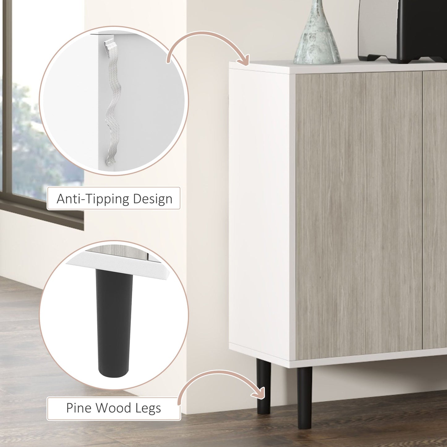HOMCOM Modern Sideboard with 2 Cupboards, Kitchen Storage Cabinet for Living Room with Adjustable Shelves, 4 Doors and Solid Wood Legs, White
