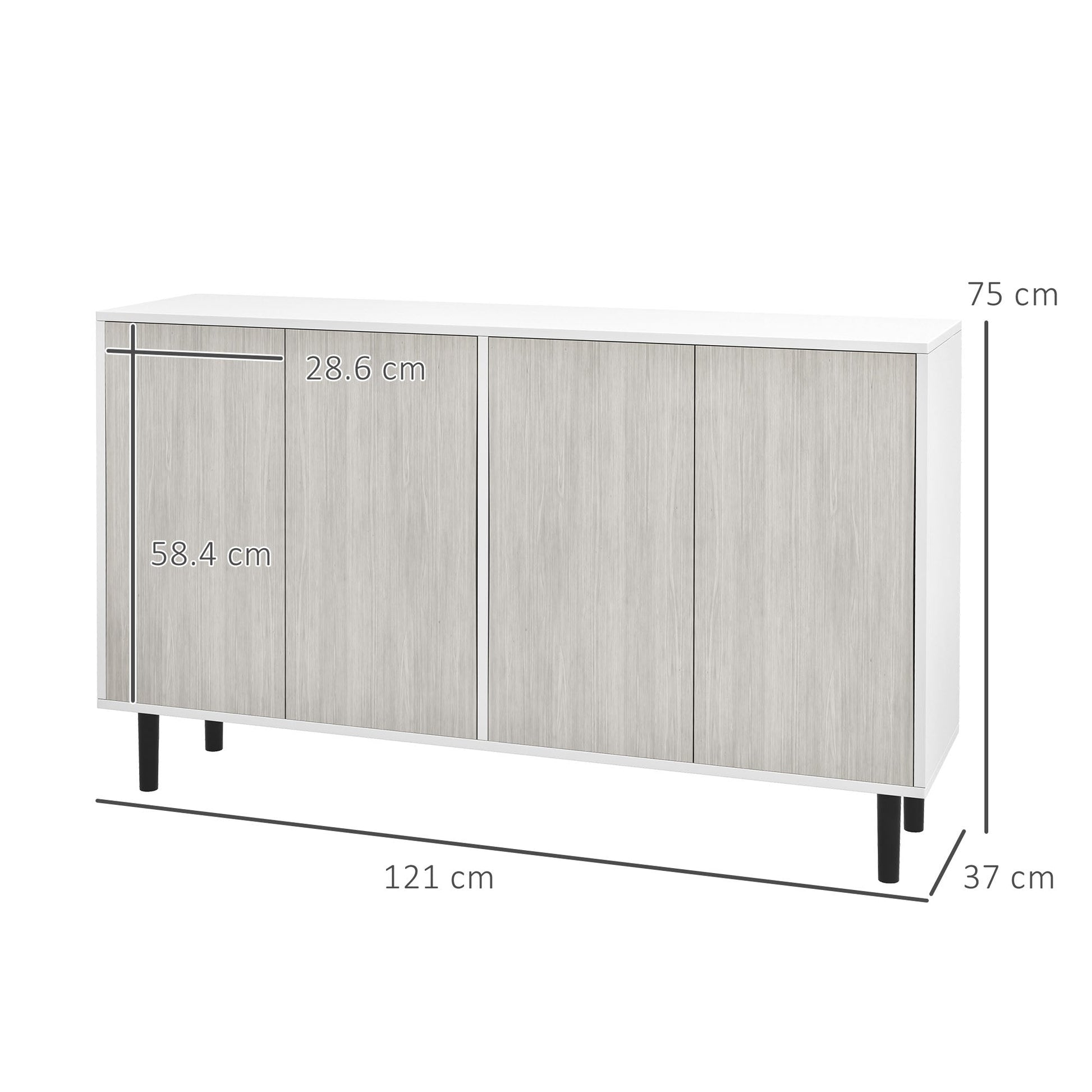 HOMCOM Modern Sideboard with 2 Cupboards, Kitchen Storage Cabinet for Living Room with Adjustable Shelves, 4 Doors and Solid Wood Legs, White