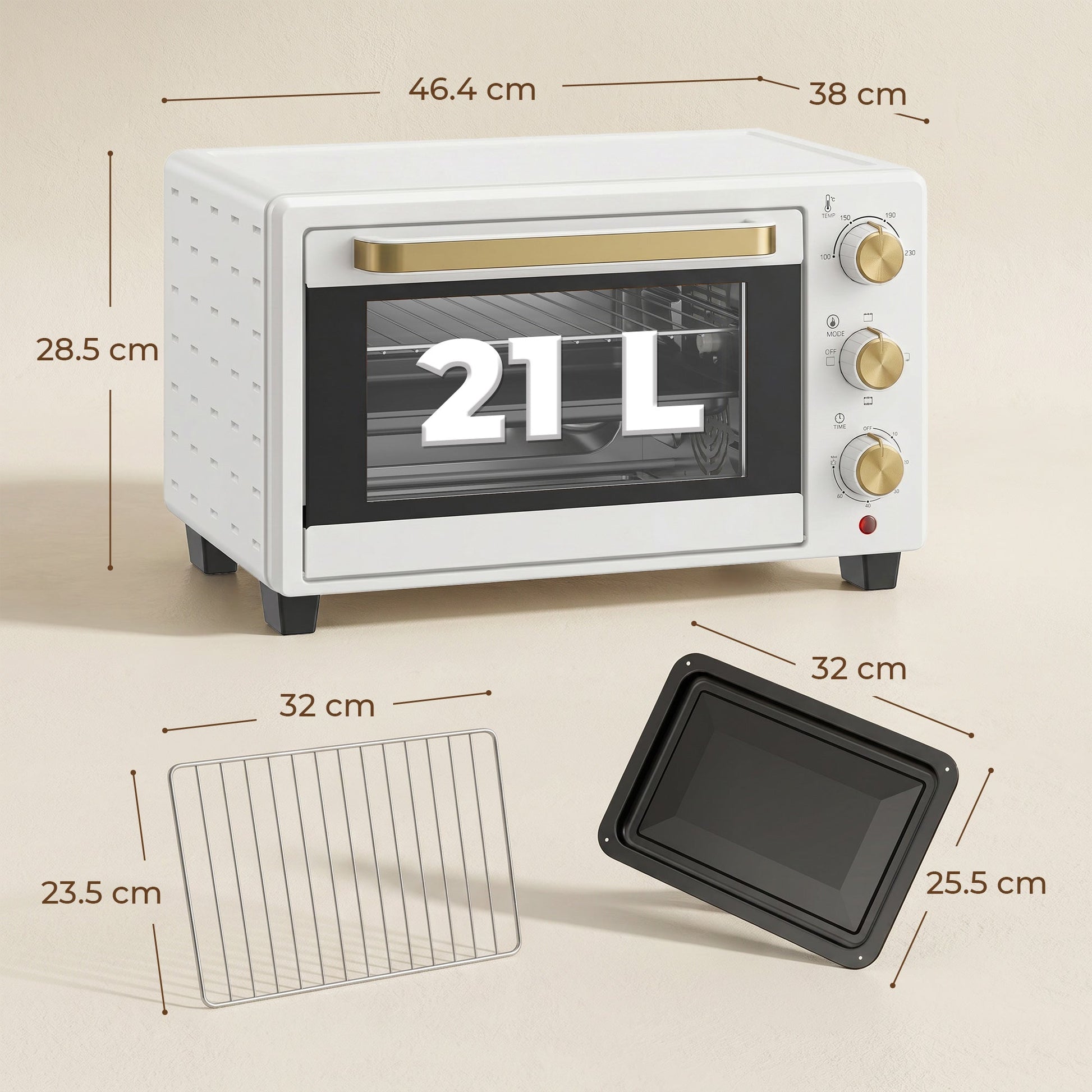 Mini Oven, 21L Countertop Electric Grill, Toaster Oven with Adjustable Temperature, Timer, Baking Tray and Wire Rack, 1400W, White