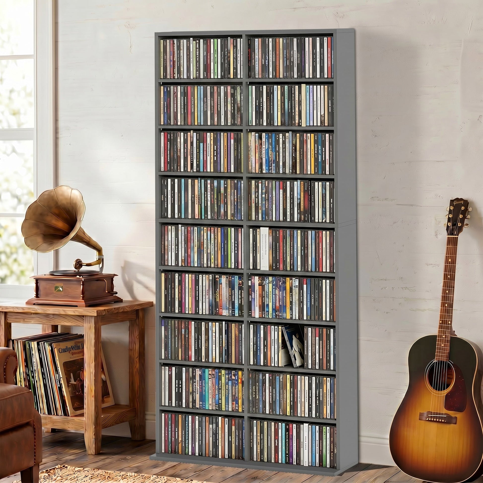 640 CD/360 DVD Storage Unit, Blu-ray Media Storage Shelf with 18 Compartments and 14 Adjustable Shelves, CD Tower for Living Room, Bedroom, Office, Grey