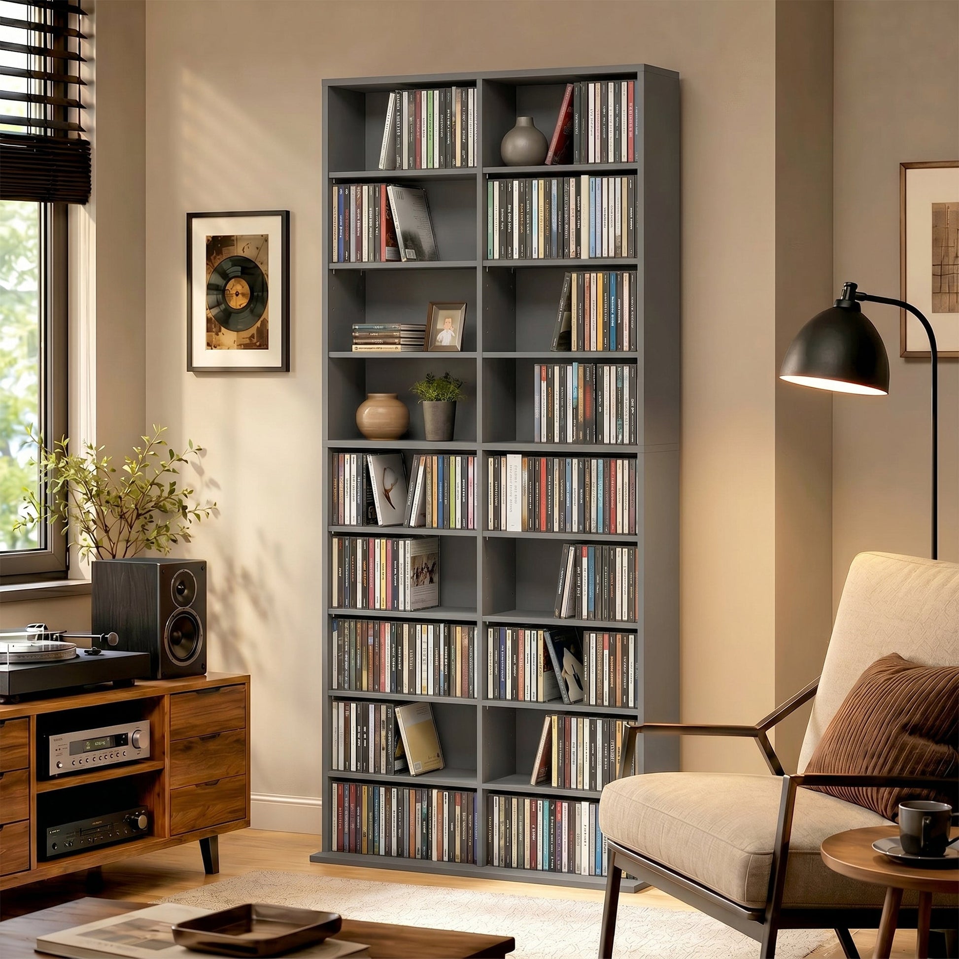 640 CD/360 DVD Storage Unit, Blu-ray Media Storage Shelf with 18 Compartments and 14 Adjustable Shelves, CD Tower for Living Room, Bedroom, Office, Grey