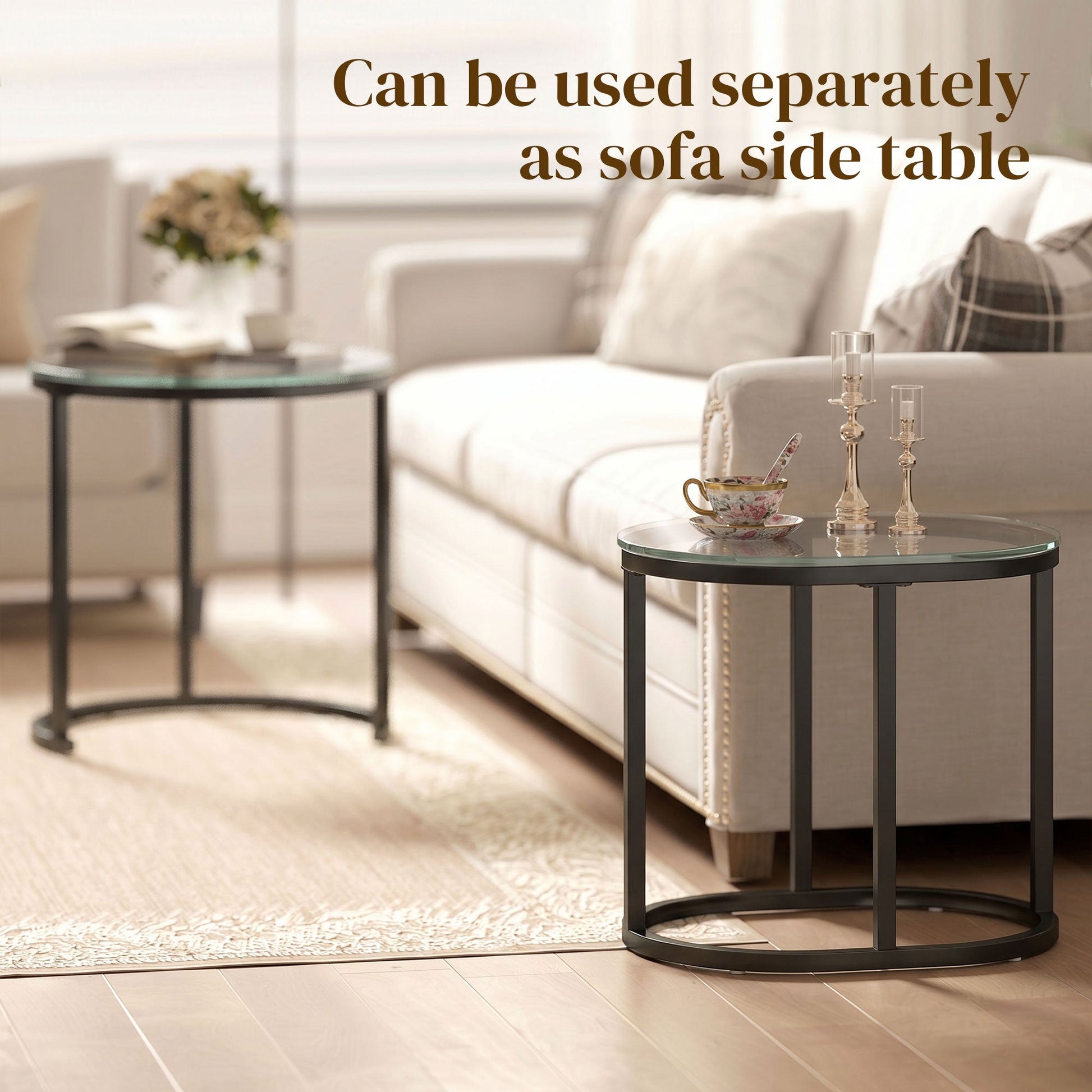 Modern Coffee Table Set of 2, Nest of Tables with Steel Frame and Tempered Glass Tabletop, Side Tables for Living Room Bedroom, Black