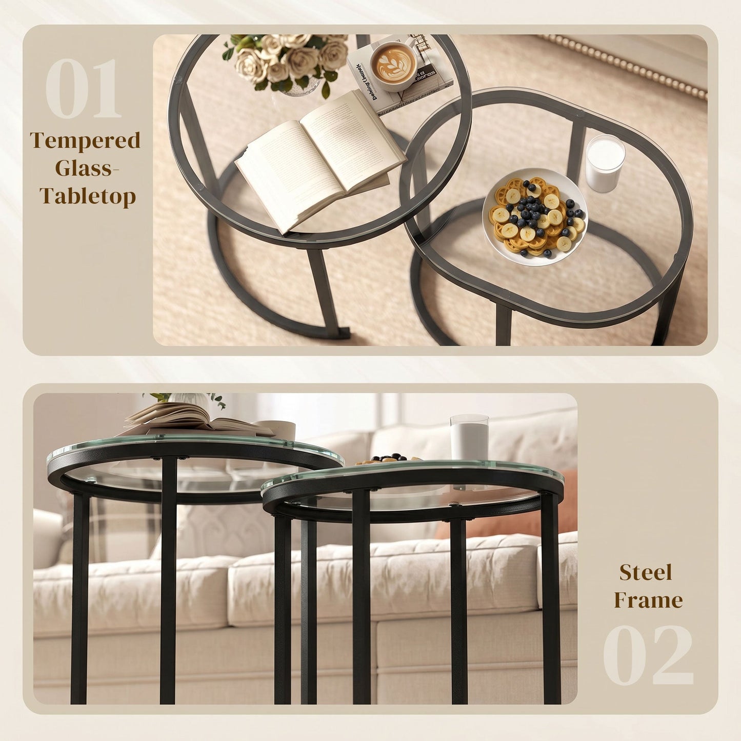 Modern Coffee Table Set of 2, Nest of Tables with Steel Frame and Tempered Glass Tabletop, Side Tables for Living Room Bedroom, Black