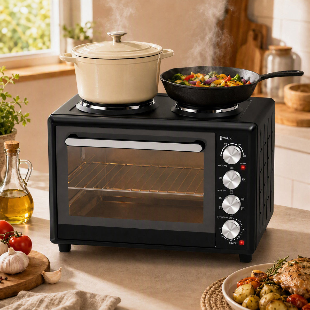 36L Mini Oven with Dual Hot Plates, Electric Countertop Cooker with Convection, 90–230°C Adjustable Temperature, 60 Minute Timer, Portable Oven with Wire Rack & Baking Tray, 1500W, Black