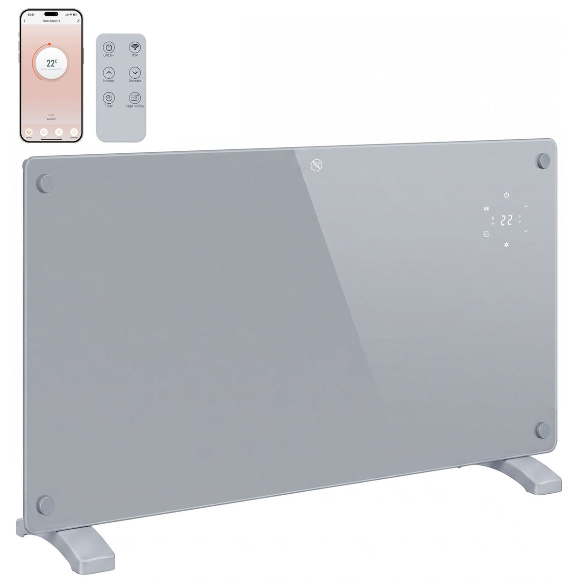 1500W Smart Glass Panel Heater Wall Mounted & Freestanding, Wifi Enabled, Works With Alexa & Google Home, Electric Heater with Weekly Timer, Open Window & Anti-Frost Mode, Thermostat, Grey