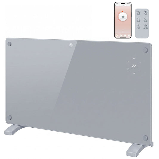 1500W Smart Glass Panel Heater Wall Mounted & Freestanding, Wifi Enabled, Works With Alexa & Google Home, Electric Heater with Weekly Timer, Open Window & Anti-Frost Mode, Thermostat, Grey