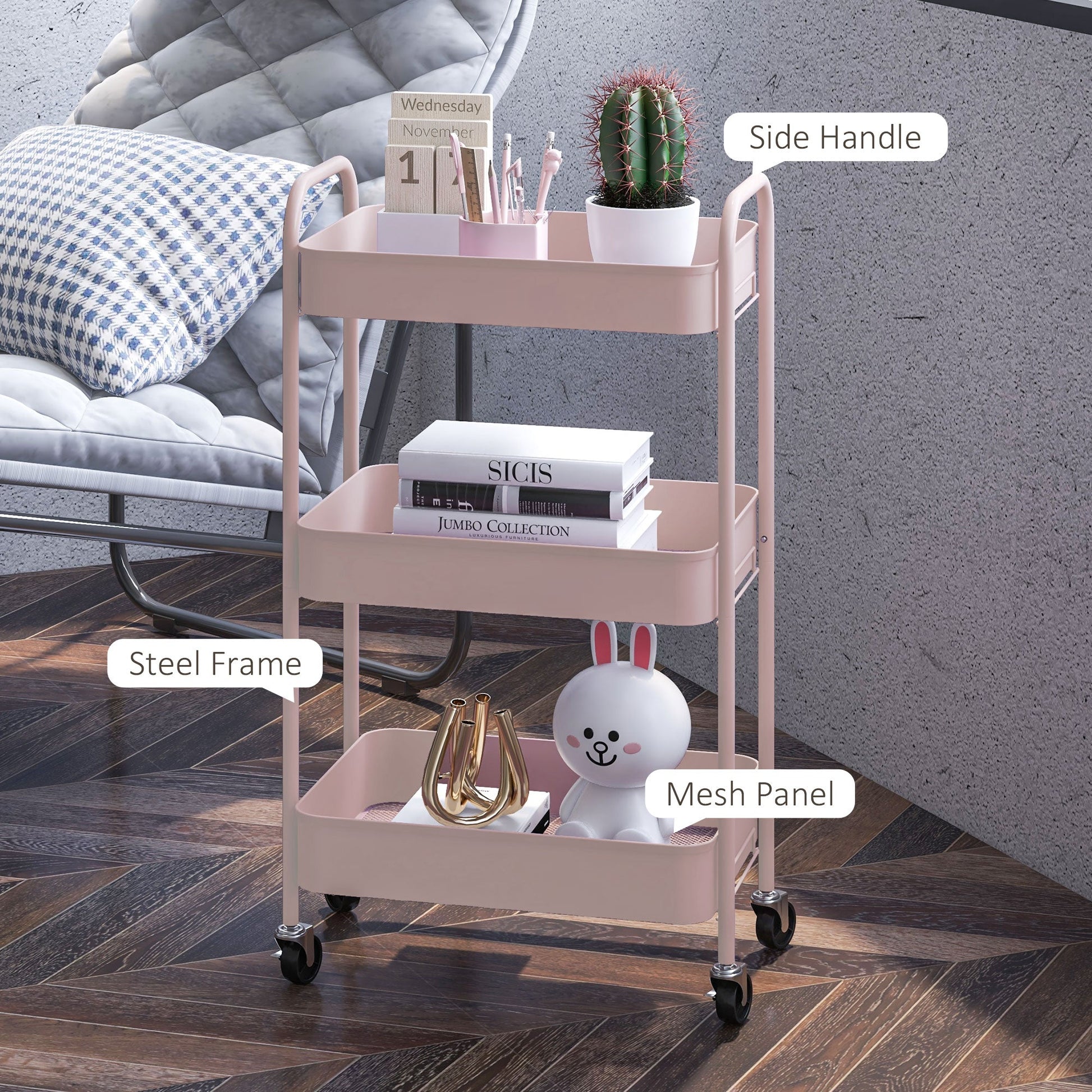 HOMCOM 3-tier Storage Trolley on Wheels, Metal Storage Cart, Rolling Ultility Cart with 3 Mesh Baskets for Living Room, Kitchen, Pink