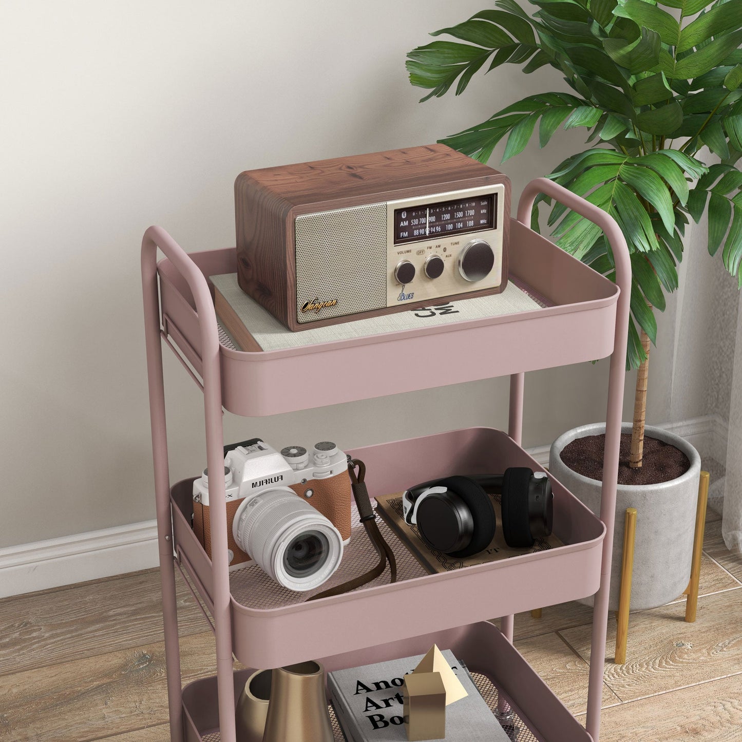 HOMCOM 3-tier Storage Trolley on Wheels, Metal Storage Cart, Rolling Ultility Cart with 3 Mesh Baskets for Living Room, Kitchen, Pink