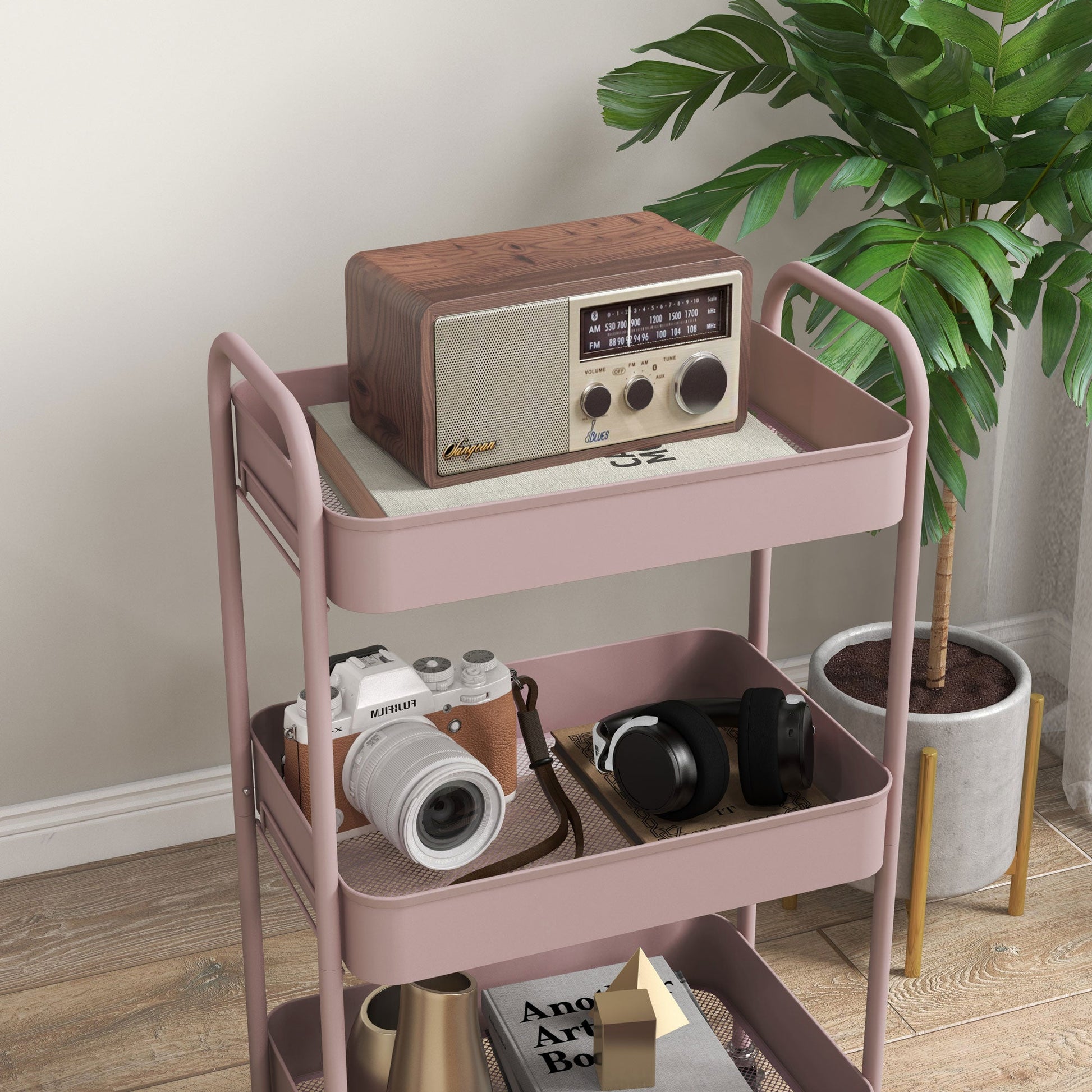 HOMCOM 3-tier Storage Trolley on Wheels, Metal Storage Cart, Rolling Ultility Cart with 3 Mesh Baskets for Living Room, Kitchen, Pink