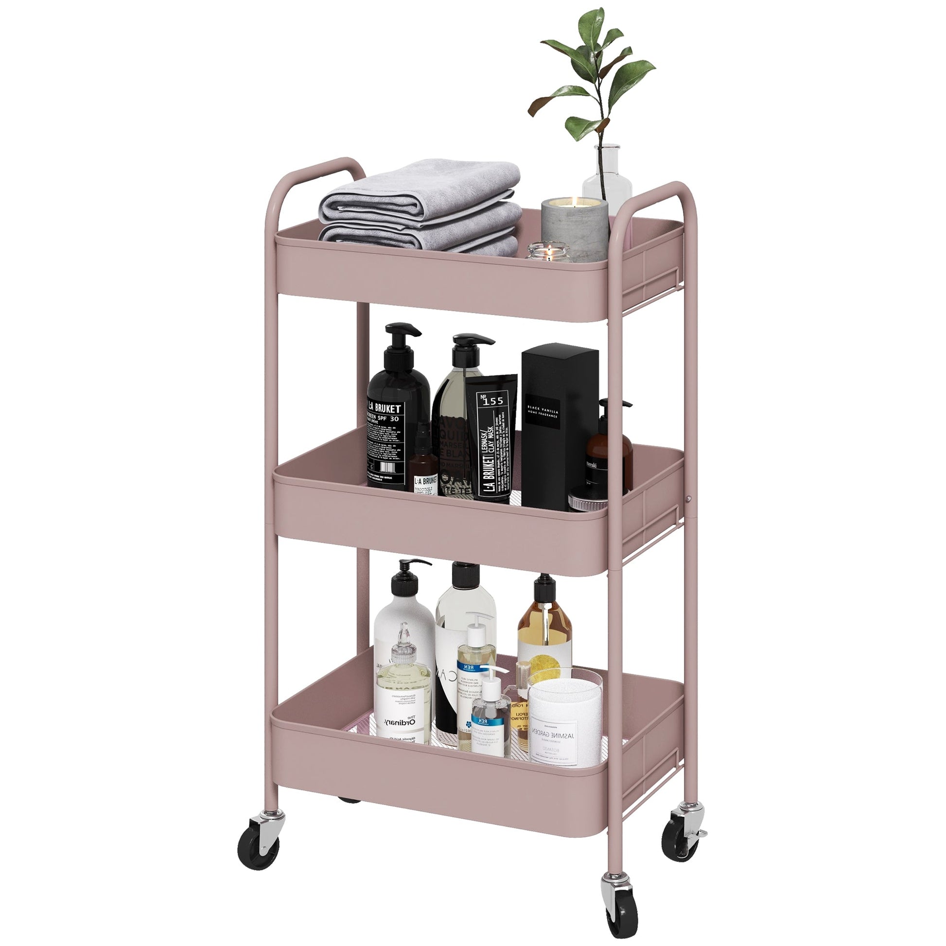 HOMCOM 3-tier Storage Trolley on Wheels, Metal Storage Cart, Rolling Ultility Cart with 3 Mesh Baskets for Living Room, Kitchen, Pink