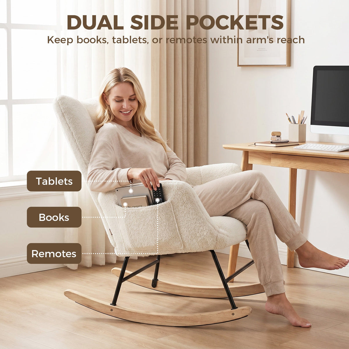 Rocking Chair with Side Pockets, Wingback Tufted Rocker Chair with Teddy Fleece Upholstered, Rubber Wood Legs for Living Room, Bedroom, Cream White