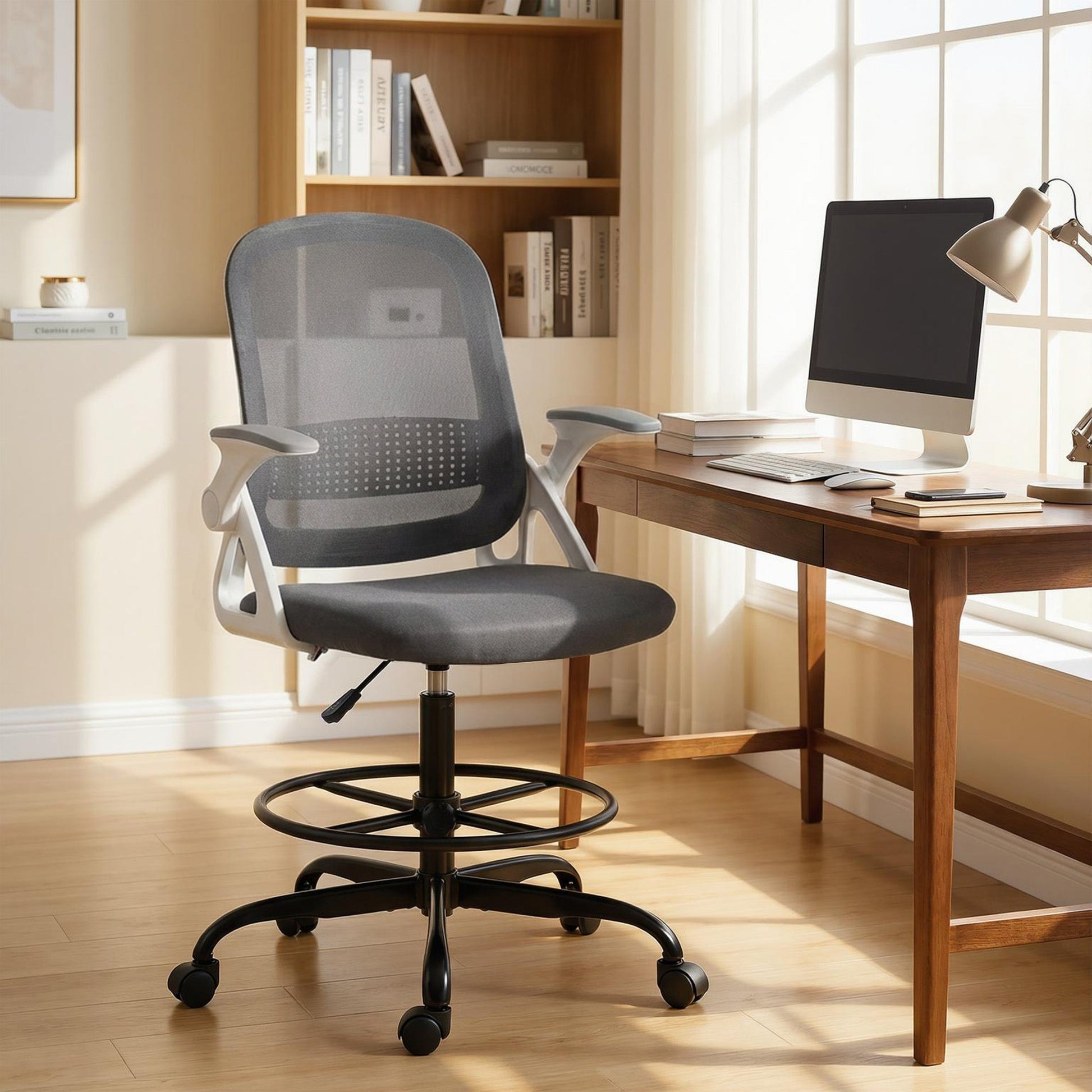 Drafting Chair, Mesh Standing Desk Chair with Flip-up Armrests, Adjustable Height and Footrest, Lumbar Support, Rolling Wheels for Home Office, Grey