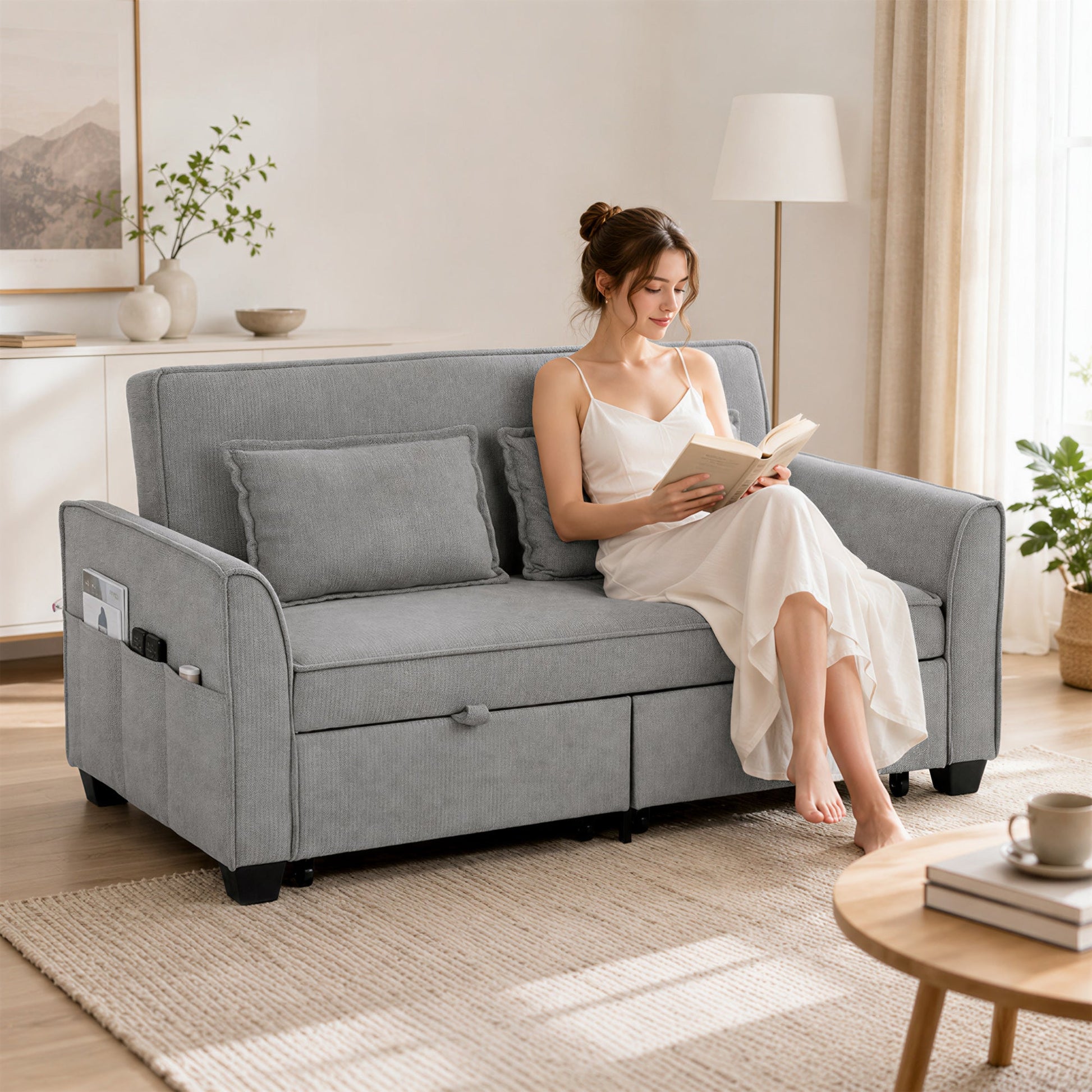 2 Seater Sofa Bed, 4-in-1 L Shaped Convertible Pull Out Sleeper Sofa with Adjustable Backrest, Chenille Loveseat with 2 Pillows, Wide Deep Seat, Side Pockets for Living Room, Grey