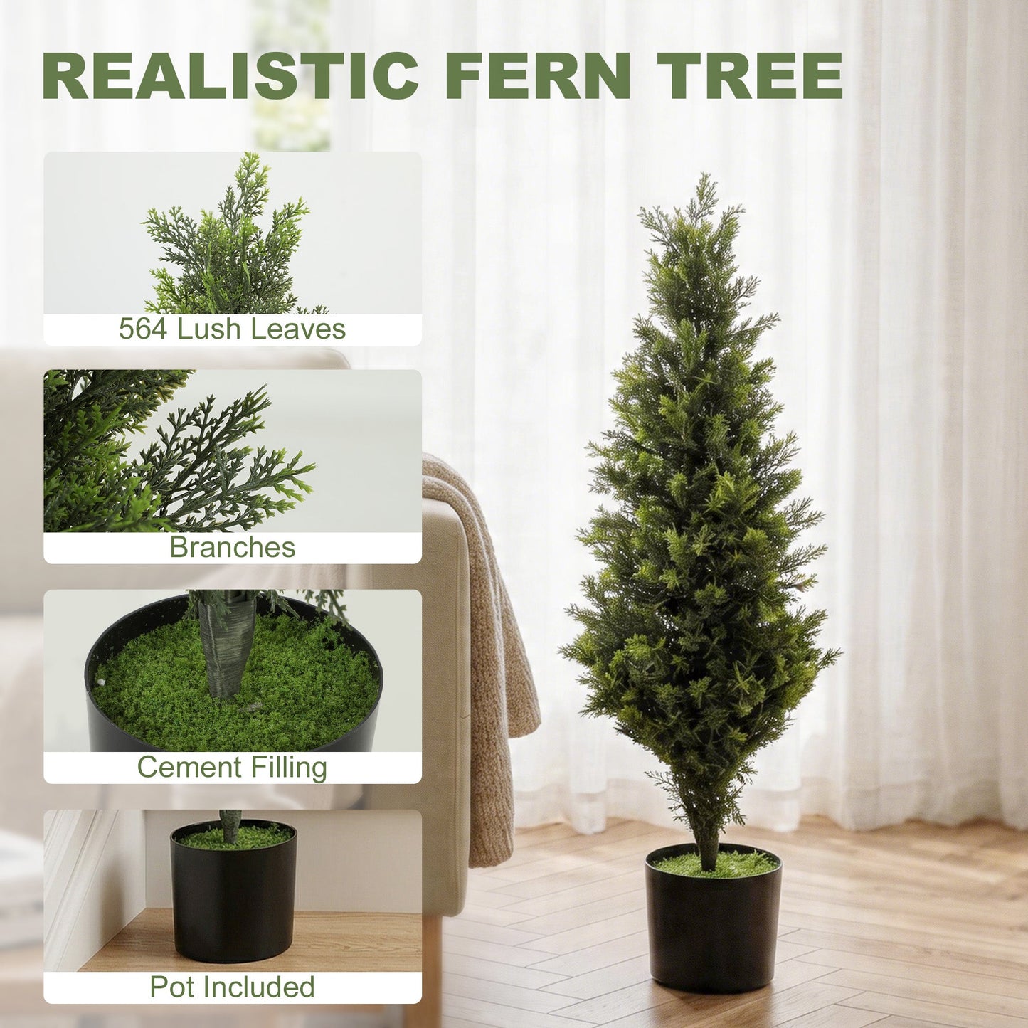 Set of 2 Decorative Artificial Plants Cypress in Weighted Pot, 90cm Tall Fake Plant with 564 Leaves for Home Indoor Outdoor Decor