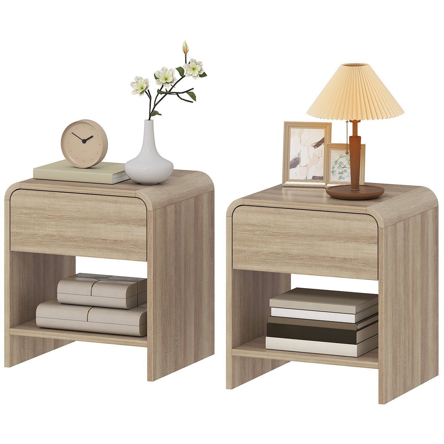 Bedside Tables Set of 2, Modern Nightstands with Rounded Corners, Space-Saving Side Table with Drawer and Open Shelf for Living Room, Bedroom, Natural Wood