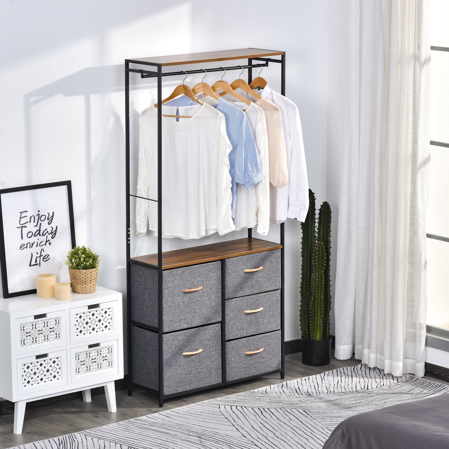 Chest of Drawers with Coat rack Steel Frame 5 Drawers  Bedroom Hallway Home Furniture Black Brown