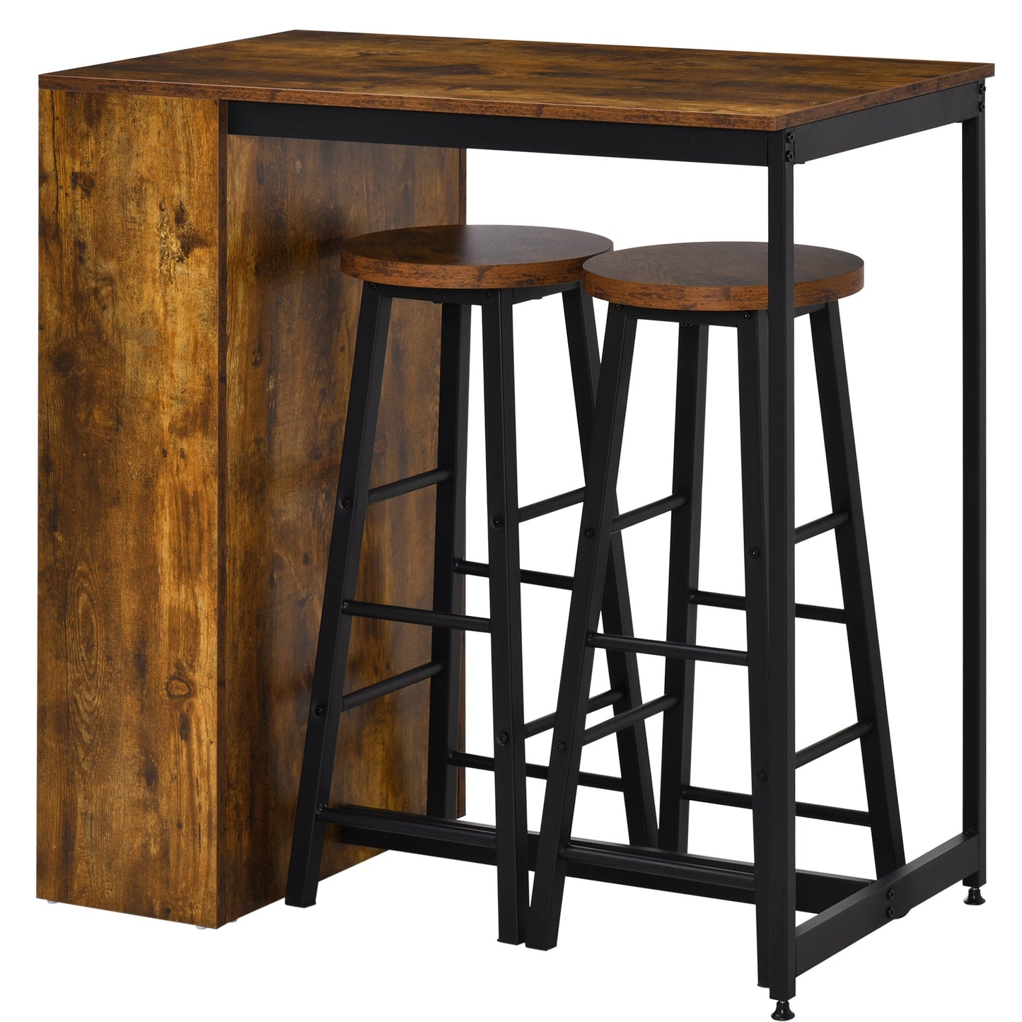 HOMCOM 3 Piece Industrial Style Bar Table Set, Pub Dining Table Set Bar Height Table and 2 Stools with Storage Shelf for Kitchen, Living Room, Rustic Brown