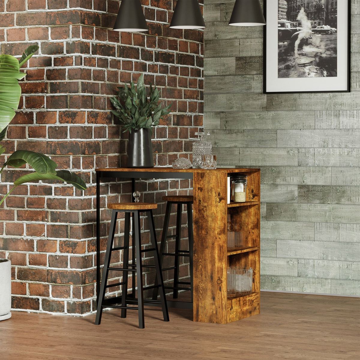 HOMCOM 3 Piece Industrial Style Bar Table Set, Pub Dining Table Set Bar Height Table and 2 Stools with Storage Shelf for Kitchen, Living Room, Rustic Brown