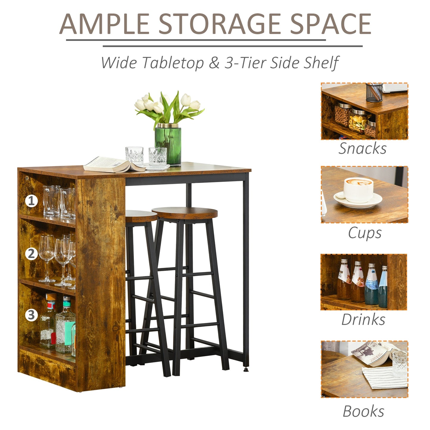 HOMCOM 3 Piece Industrial Style Bar Table Set, Pub Dining Table Set Bar Height Table and 2 Stools with Storage Shelf for Kitchen, Living Room, Rustic Brown